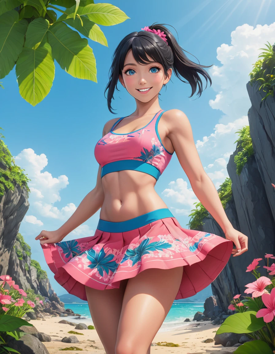 (Utopian:1.5), (3d ultra-realistic anime style:1.5).
(zoomed out, very far shot, full body:1.3). A smiling, (closed mouth:1.5) happy amateur muscular young 22 year old (Islander:1.3) (instagram model:1.3) woman with short natural ponytail black hair,, green eyes, (small breasts:1.3), toned ass, (perfect hands:1.3).
She is wearing (geometric print sheer crop top and skirt, wedge heels:1.1).
She is suggestively dancing facing towards camera, in a path with rocks and small mushrooms in the background, tropical landscape with (salmon leaves:1.5), (hot pink flowers:1.5) and (blue sky:1.5) with (large planet overhead:1.5). afternoon, sunny.
cinematic lighting, vibrant colors, detailed skin texture, detailed cloth texture, beautiful detailed perfect face, intricate sharp details, ultra high res