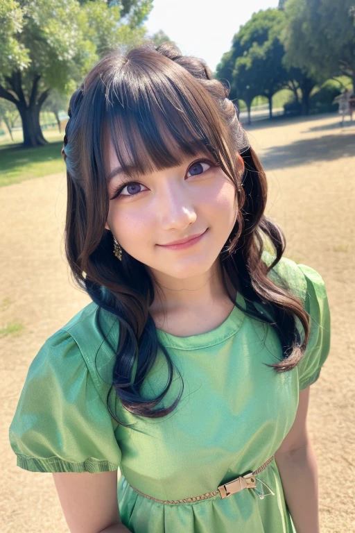 1girl, (wearing a light green cotton dress:1.6),(RAW photo, best quality), (realistic, photo-realistic:1.4), masterpiece, an extremely delicate and beautiful, extremely detailed, 2k wallpaper, Amazing, finely detail, extremely detailed CG unity 8k wallpaper, ultra-detailed, highres, soft light, beautiful detailed girl, extremely detailed eyes and face, beautiful detailed nose, beautiful detailed eyes,cinematic lighting,(in the park:1.6),perfect anatomy,slender body,(smile:1.4),(young girl:1.4),(close up:1.4),(look at viewer:1.4),(front view:2.0),cinematic angle,(wavy short hair:1.2),standing,(cleavage:1.0),(brown eyes:1.6), <lora:moriyakyouka_lora-13:0.8>
