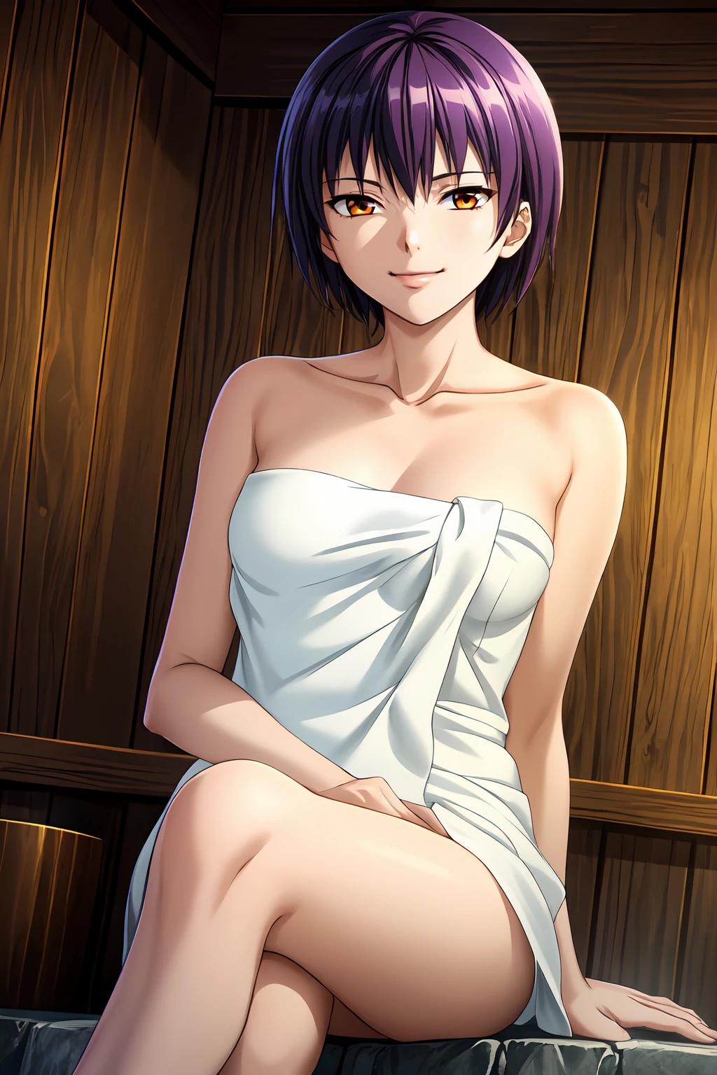 (masterpiece, best quality:1.2), game cg, extremely detailed CG, 4k, 8k, 1girl, solo, seductive smile, closed mouth,
MaidMaki_V1, purple hair, short hair, bangs, brown eyes, orange eyes,
naked towel, collarbone, bare shoulders,
sitting, crossed legs,
indoors, onsen, looking at viewer,
<lora:add_detail_CyberAlchemist:0.4>, <lora:GoodHands-beta2:1>, <lora:MaidMakiV1:1>