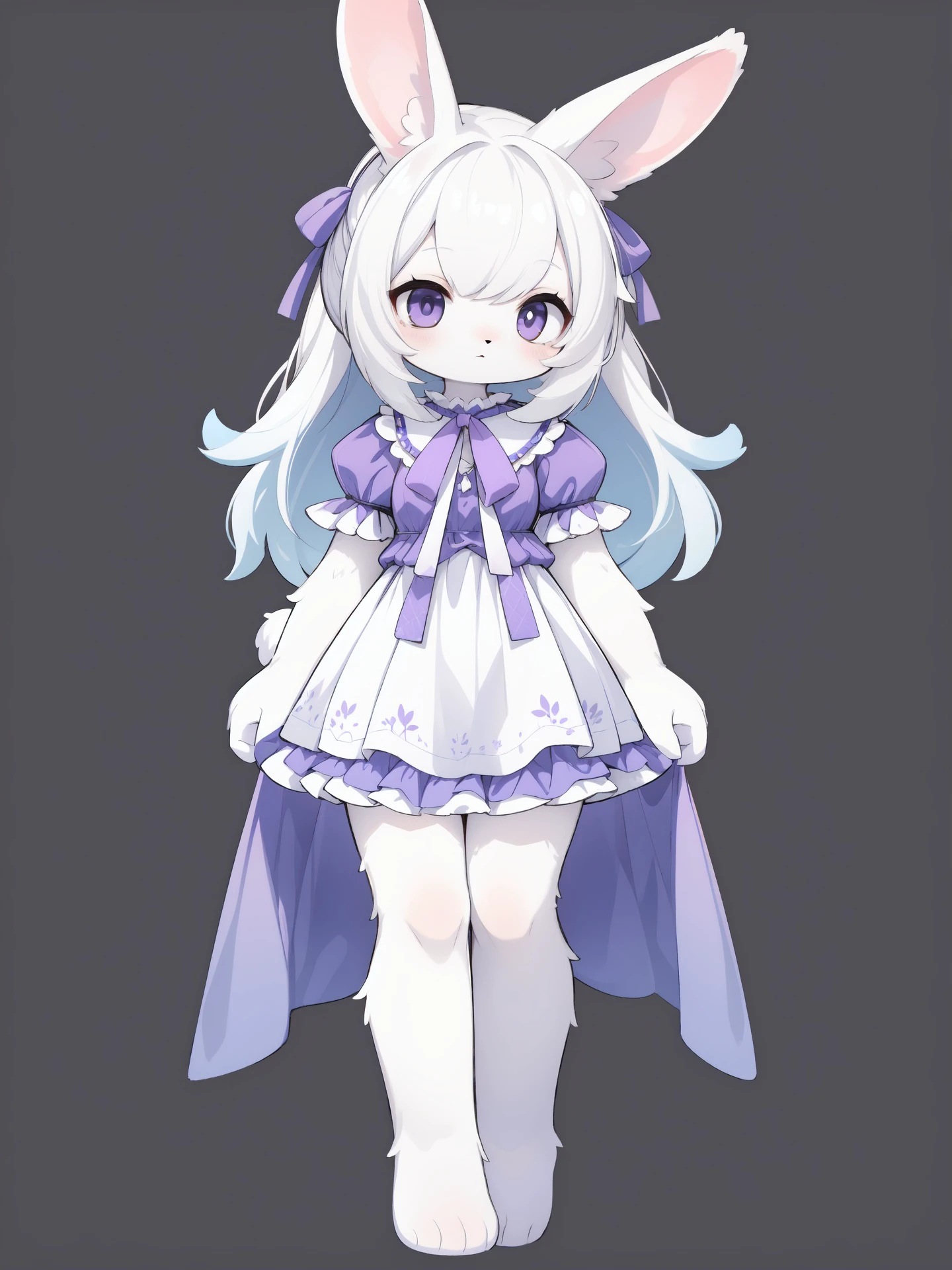 furry purple rabbit female,rabbit ears,rabbit tail,frilled dress,wide hips,white fur body,simple background,full body,standing,