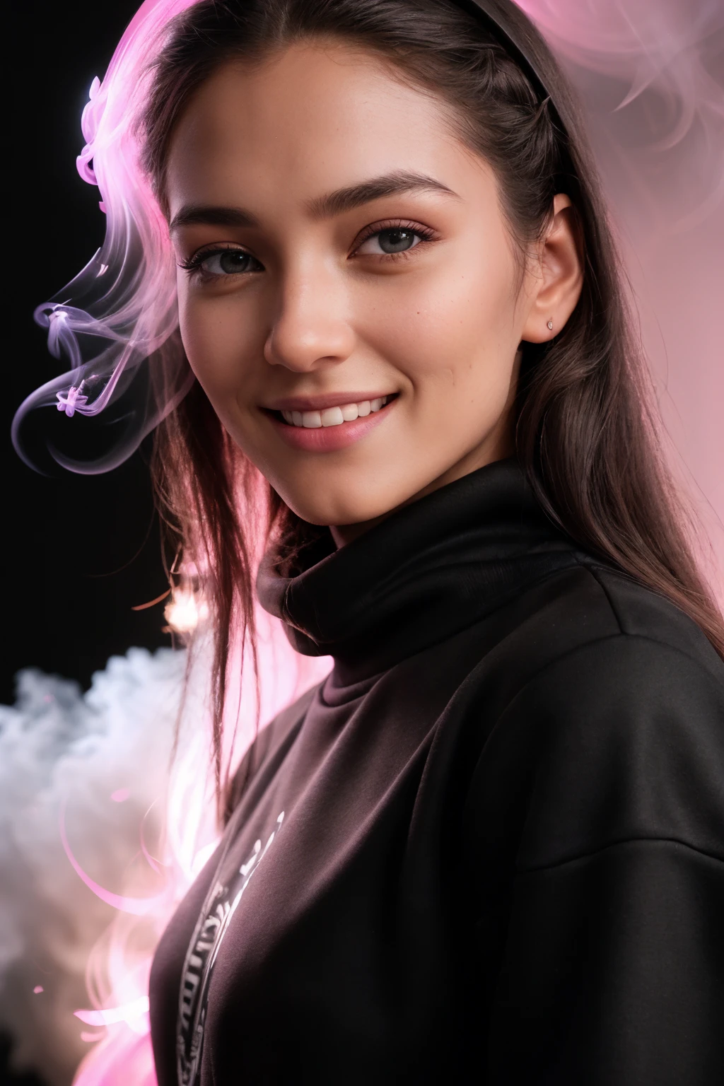 DV_Skye_Vicious ((Black Theme, Black backdrop:1.4)) (Close-Up Shot, headshot:1.5) (brunette :1.4) wearing (Black sweatshirt :1.4) 35mm, F/2.8 ((Photo Focus, DOF, Aperture, insanely detailed and intricate, character, hypermaximalist, elegant, ornate, beautiful, exotic, revealing, appealing, attractive, amative, hyper realistic, super detailed, heresy flares)) (smiling at viewer:1.3)(volumetric pink smoke:1.3) (pink lens flare:1.2)(sharpness:1.3)(details:1.3)
