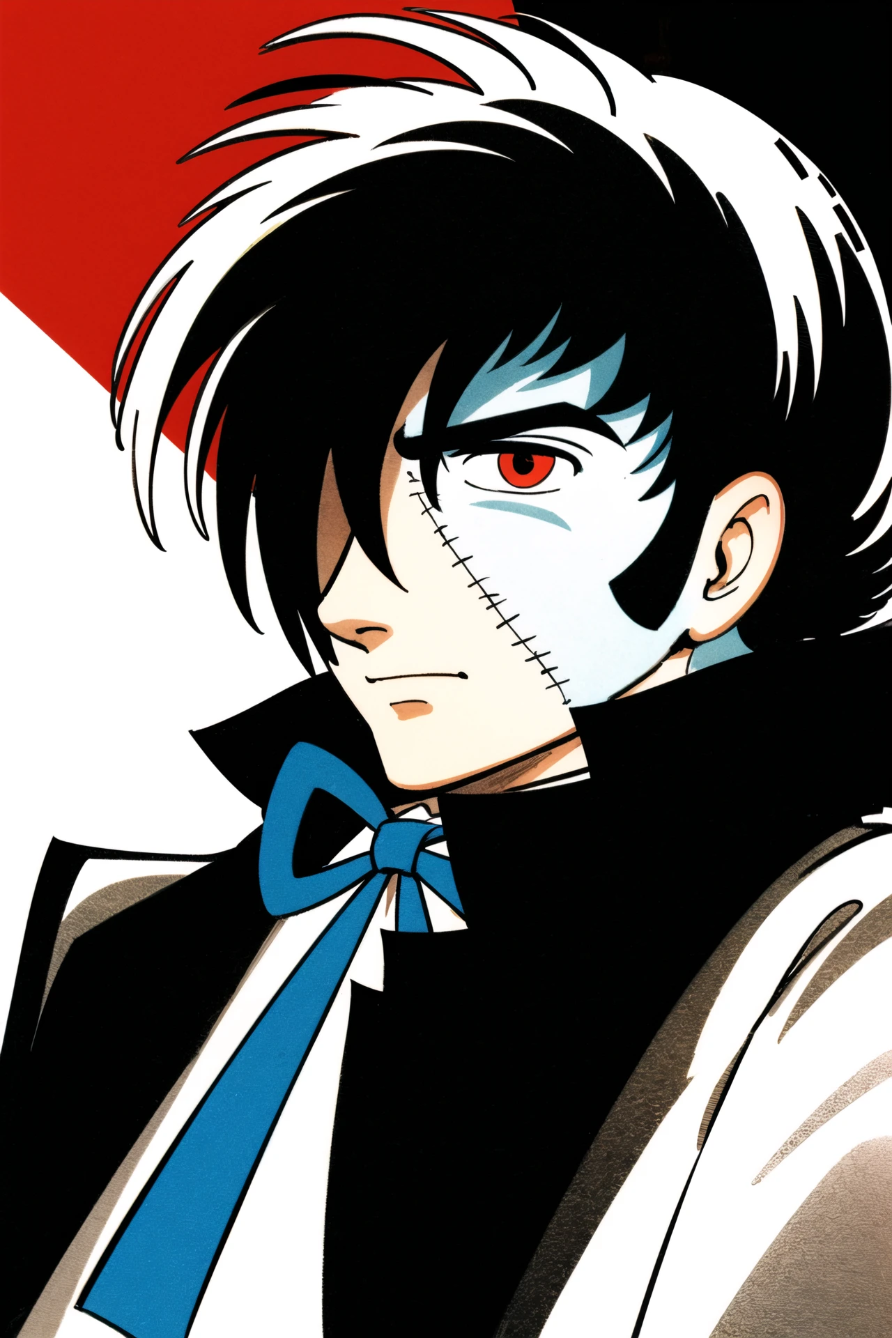 Black Jack, 1boy, male focus, solo, two-tone hair, split-color hair, multicolored hair, hair over one eye, black hair, scar, white hair, patchwork skin, white background, simple background, upper body, <lora:Tezuka Osamu:0.8>