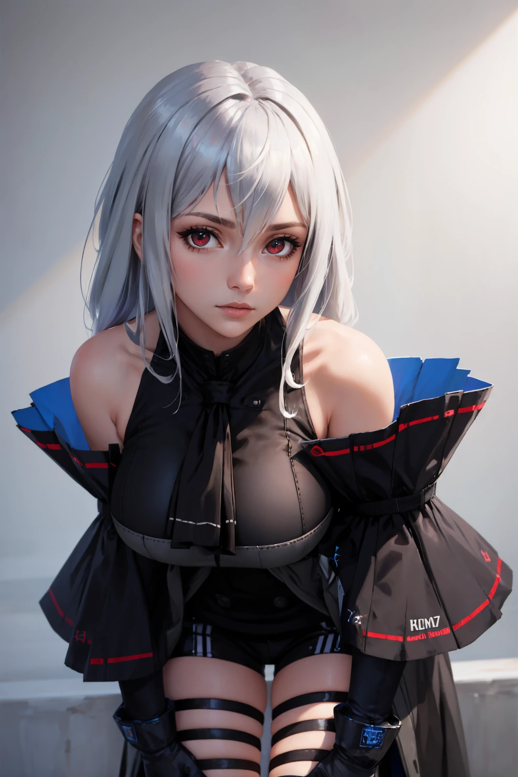 masterpiece, best quality, <lora:arknights_skadielite:1> skadielite, black shirt, black ascot, detached sleeves, gloves, black pants, thigh cutout, bare shoulders, large breasts, emotionless, leaning forward, simple background, looking at viewer