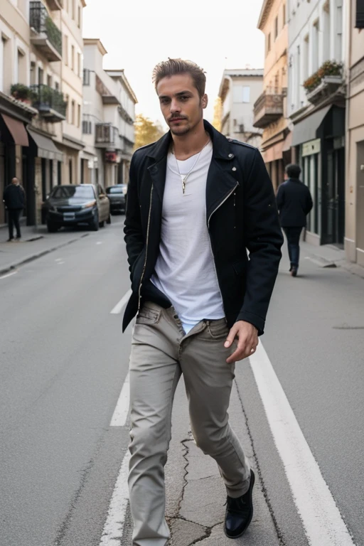 unzipped pants, man walking in street <lora:unzipped_v10:1>