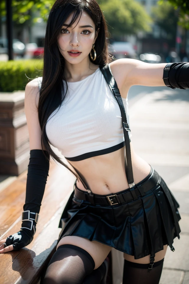 Tifa,(clothes lift:1.4),1gil,solo,gloves,elbow gloves,fingerless gloves,breasts,suspenders,thighhighs,crop top,tank top,skirt,black thighhighs,suspender skirt,black skirt,earrings,jewelry,midriff,looking at viewer,elbow pads,white tank top,black gloves,realistic,boots,shirt,underwear,panties,low-tied long hair,sports bra,miniskirt,arm guards,belt,underboob,white panties,red footwear,black panties,pleated skirt,collarbone,bottomless,fighting stance,sleeveless,shorts,pencil skirt,
sexy pose,best quality,masterpiece,illustration,an extremely delicate and beautiful,CG,unity,8k wallpaper,Amazing,finely detail,masterpiece,official art,extremely detailed CG unity 8k wallpaper,incredibly absurdres,huge filesize,ultra-detailed,highres,extremely detailed,beautiful detailed girl,realistic,full frontal,outdoors,light contrast,<lora:Tifa_20231211152932:0.8>,