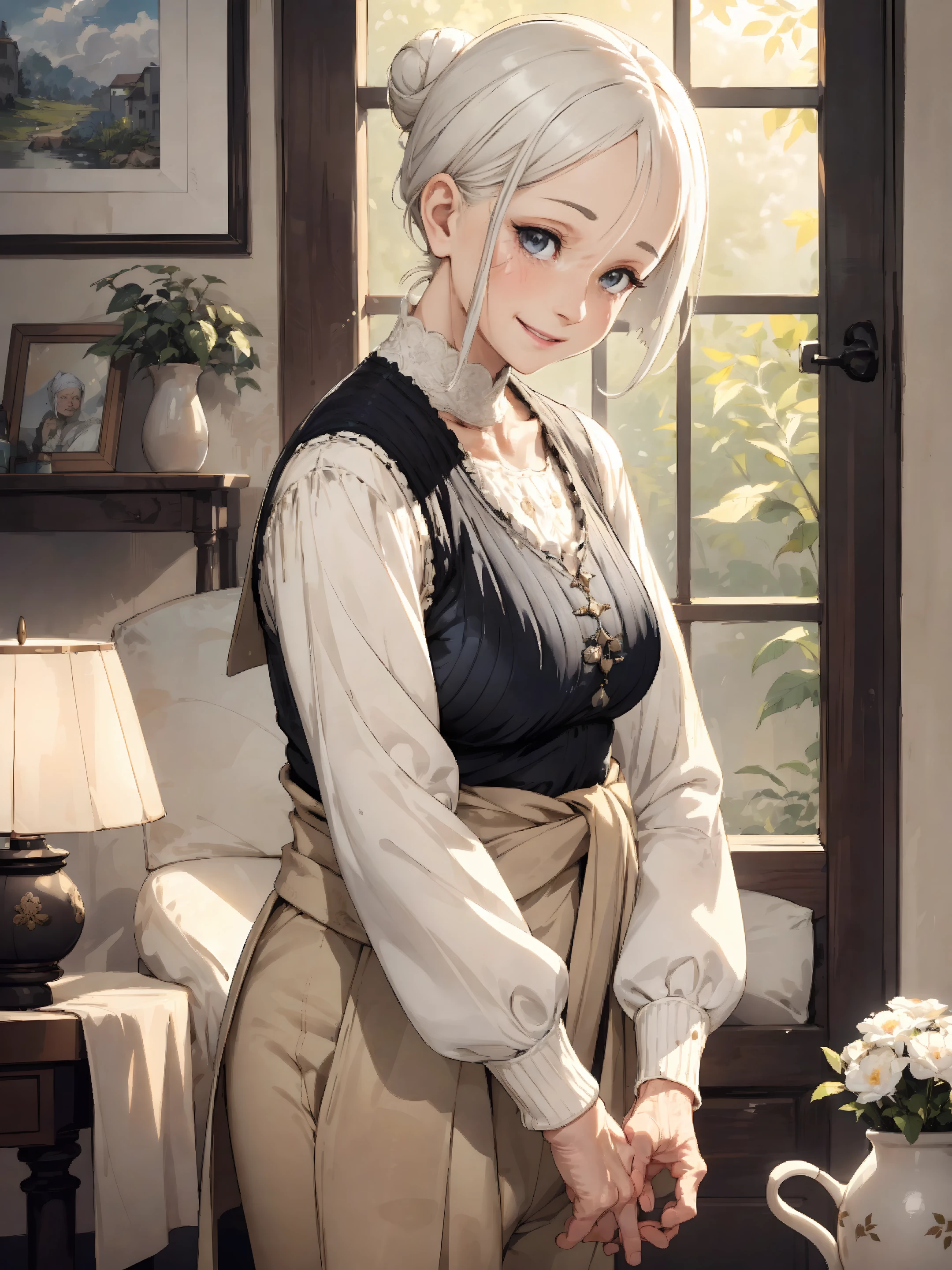 ((extremely detailed 8k illustration)), highres, (extremely detailed and beautiful background), ultra detailed painting, professional illustrasion, Ultra-precise depiction, Ultra-detailed depiction, (beautiful and aesthetic:1.2), HDR, (depth of field:1.4), colorful, vivid, beautiful detailed glow light particles, intricate:1.4, nice hands, perfect hands,
((((old woman:1.4)))), kawaii, (grandmother:1.3), (elder:1.4), (slender), ((drooping cheeks)), ((wrinkled skin)), (gentle nature), black eyes, white hair, medium hair, hair bun, (bent waist:1.2), (cream skin:1.2), (short stature), (60 years old:1.4), (smile), Quilted vest over a stylish knit sweater, with chino pants,
Midday in the living room of a home on a day off. Family and friends gather, engaging in conversation and games in a relaxing space filled with smile,