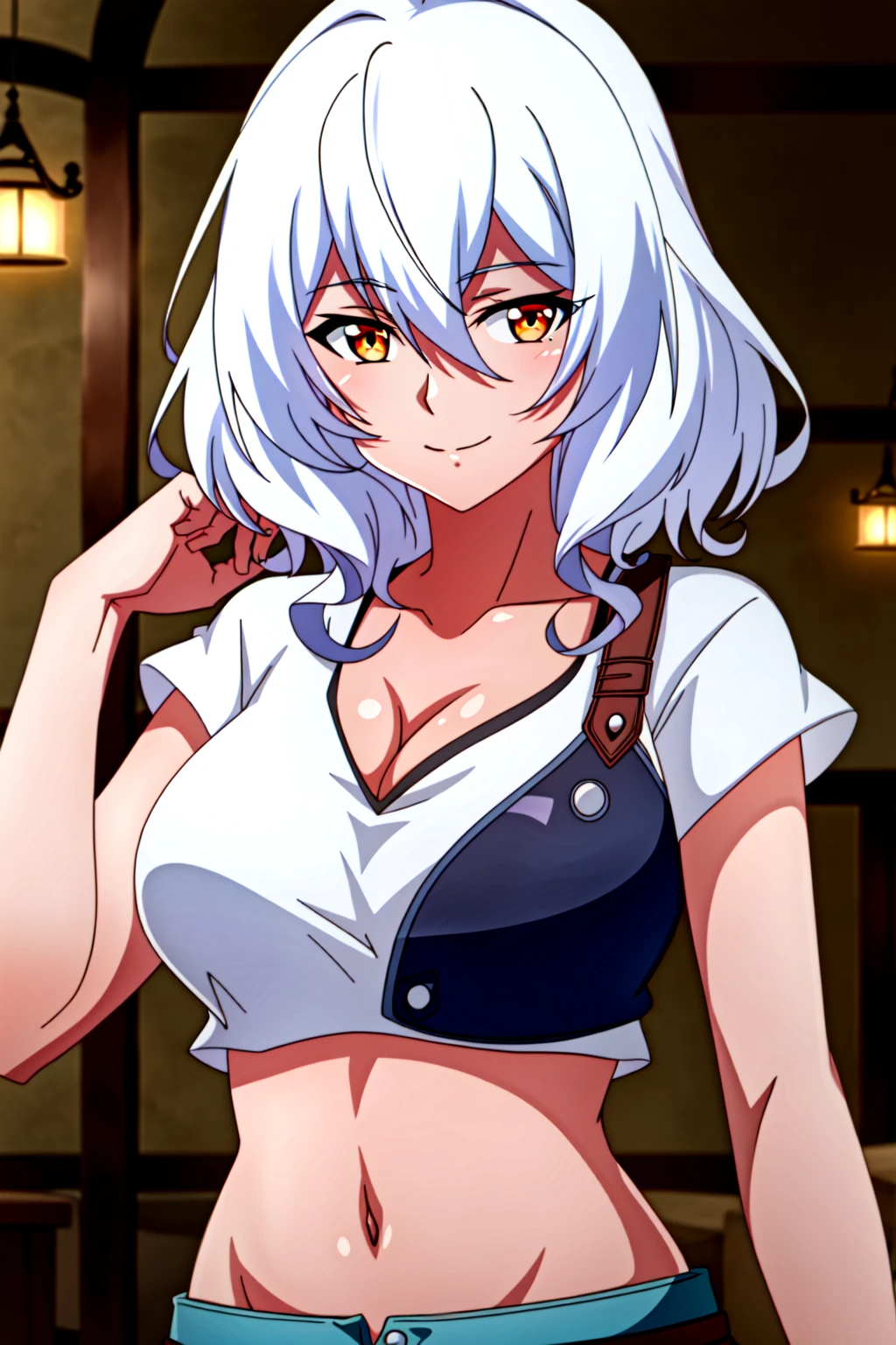 (extremely detailed CG unity 4k wallpaper),(masterpiece),(best quality),(ultra-detailed),(best illustration),(best shadow),(absurdres),(detailed background), <lora:OGT_Altria_Grem-v2:0.8> Altria Grem, 1girl, breasts, solo, dark skin, dark-skinned female, cleavage, large breasts, smile, navel, looking at viewer, crop top, shirt, white hair, midriff, white shirt, upper body, short sleeves, bangs, collarbone, hair between eyes, orange eyes, medium hair