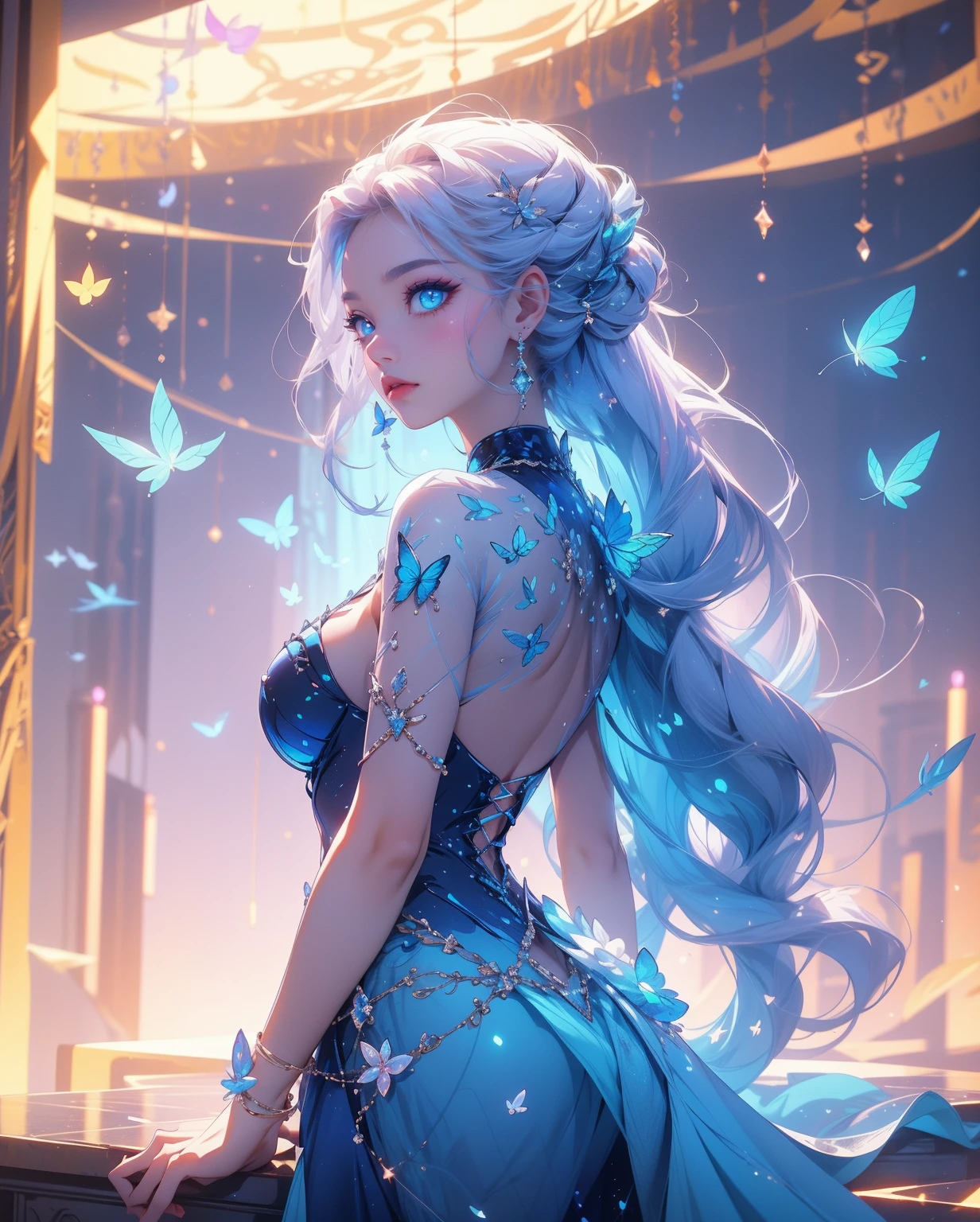 8Kå辨ç, Refined features, s the perfect face, Glowing skin, high detal, blue skirts, long white hair, blue color eyelying blue butterflies, Raised sexy, plumw, Upright_straddle, sunraise, Eau, the sideview,
