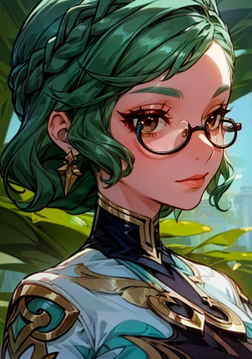 (masterpiece, best quality),(depth) of (field),  <lora:Haypasia_2:0.8> haypasia_(genshin_impact), short_hair, gold_ornaments, glasses, green_hair, brown_eyes, semi-rimless_eyewear, wavy_hair, white and blue clothes, braid, aqua_hair, face, close_up,  <lora:ratatatat74-32dim:0.6>, <lora:add_detail:1>, adult