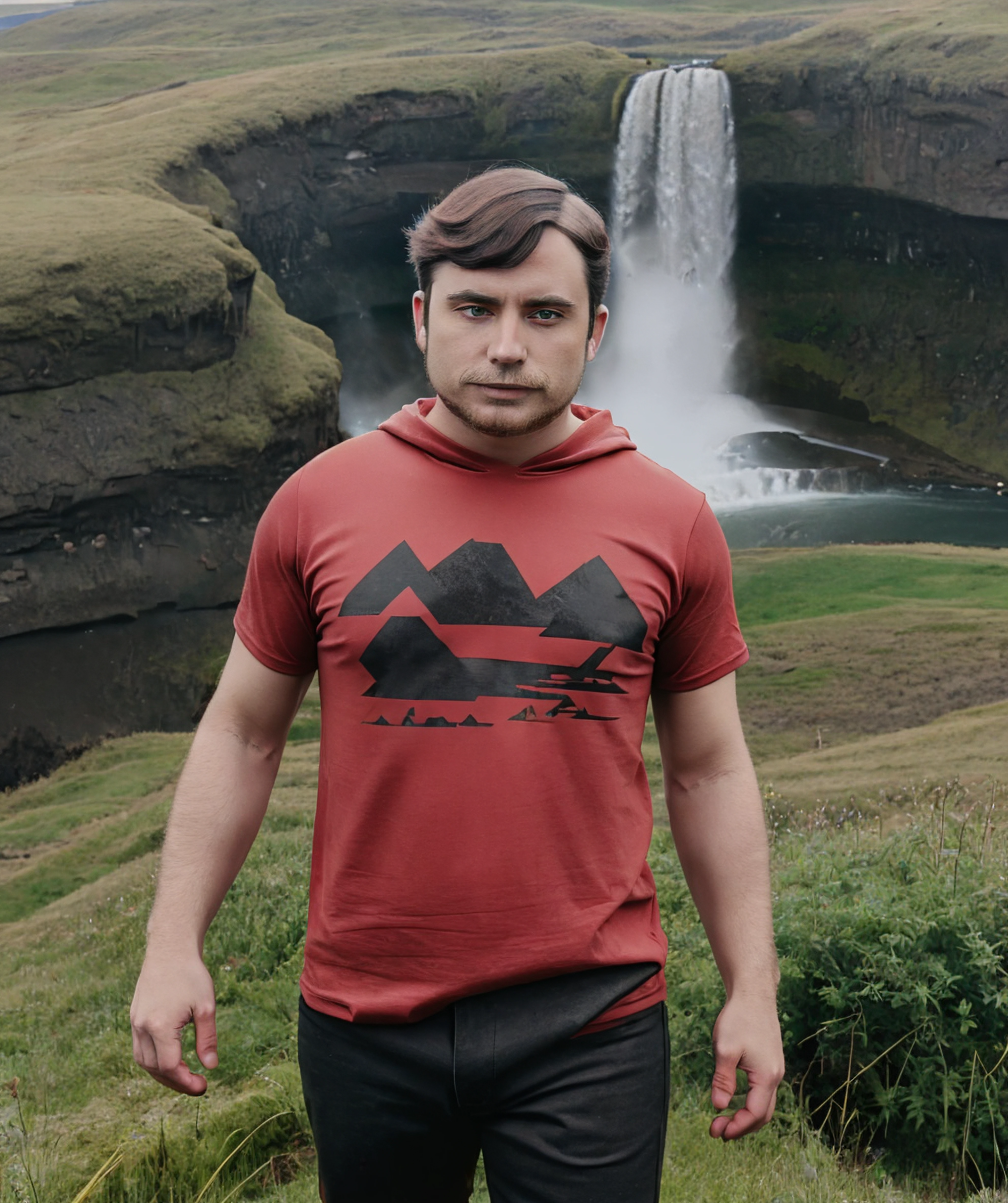 tabitha, mountain, standing, looking to viewer, 1man, male focus, grass, iceland, red t-shirt, black jeans <lora:Tabitha:0.8>
