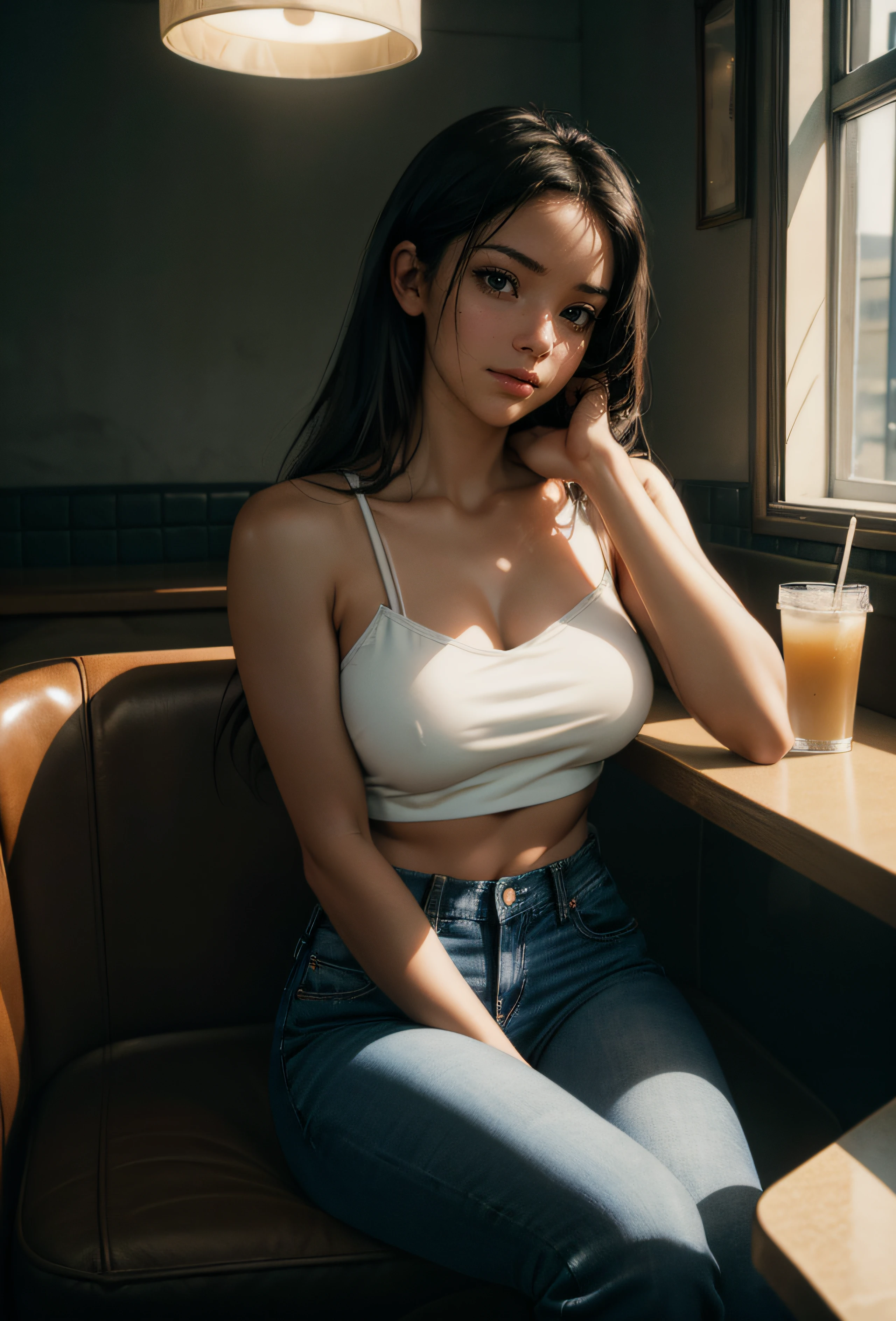 realistic photo of a girl wearing a croptop, bare shoulders, jeans, sitting in a diner, beautiful, detailed face, detailed, highres, realistic, photorealistic, full body, head to toe, legs, matte skin, por, cinematic photorealistic, 8k uhd natural lighting, raw, rich, intricate details, key visual, atmospheric lighting, 35mm photograph, film, bokeh, professional, 4k, highly detailed . shallow depth of field, vignette, highly detailed, high budget, bokeh, cinemascope, moody, epic, gorgeous, film grain, grainy, 8k quality, RAW PHOTO, by professional photographer, rule of thirds, extremely detailed