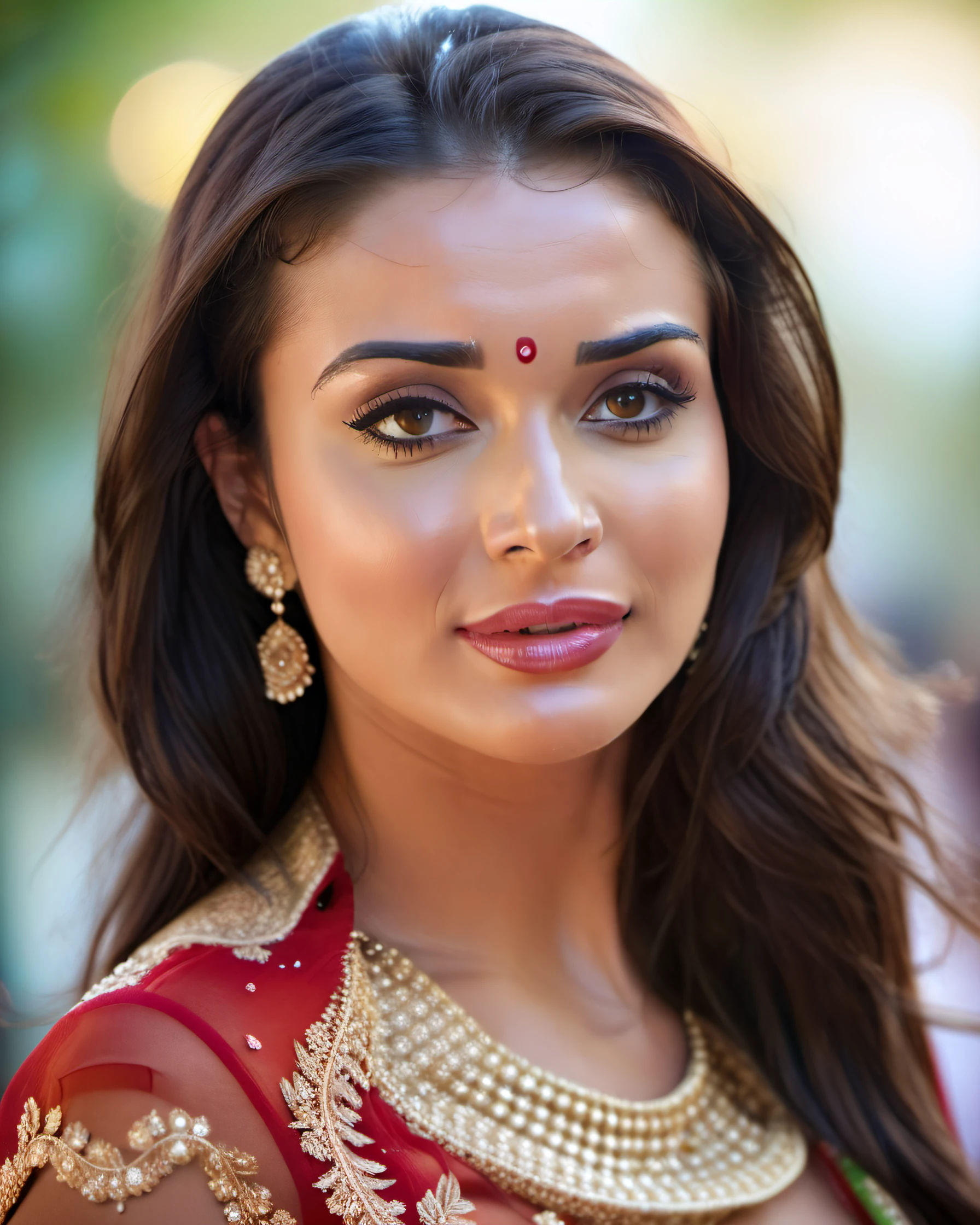 ultrarealistic soft focus photo of a 30-year-old woman, amy jackson, outdoors, high neck Long Anarkali Gown lace covering chest and cleavage, Cross-eyed for comedic effect, worm's eye camera angle, looking looking at camera, day time, beautiful bokeh <lora:Amy_Jackson_SDXL_LoRA:1>