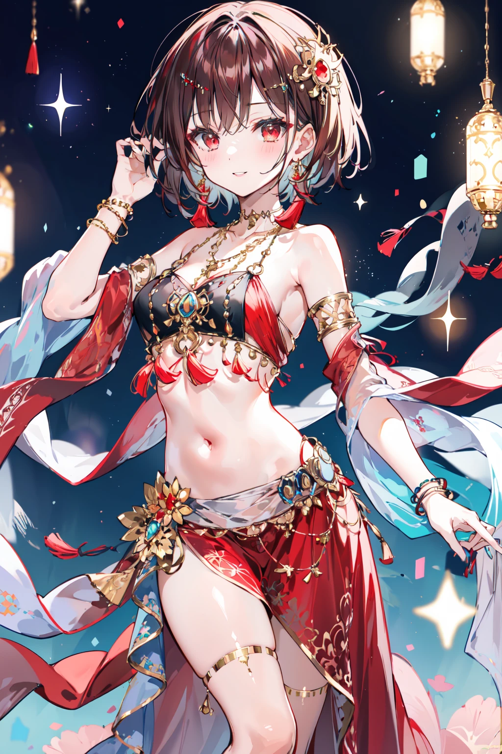-dance dive, 1girl, solo, jewelry, short hair, bracelet, breasts, looking at viewer, red eyes, parted lips, navel, small breasts, brown hair, beads, earrings, bare shoulders, blush, bangs, tassel, stomach, dancer, standing, hand up, shawl, cowboy shot, skirt, thighs, halterneck, red skirt, thigh strap, arm up, gold chain, hair ornament, smile, pelvic curtain, bead bracelet, necklace, revealing clothes<lora:dancing diva-000018:0.8>,
