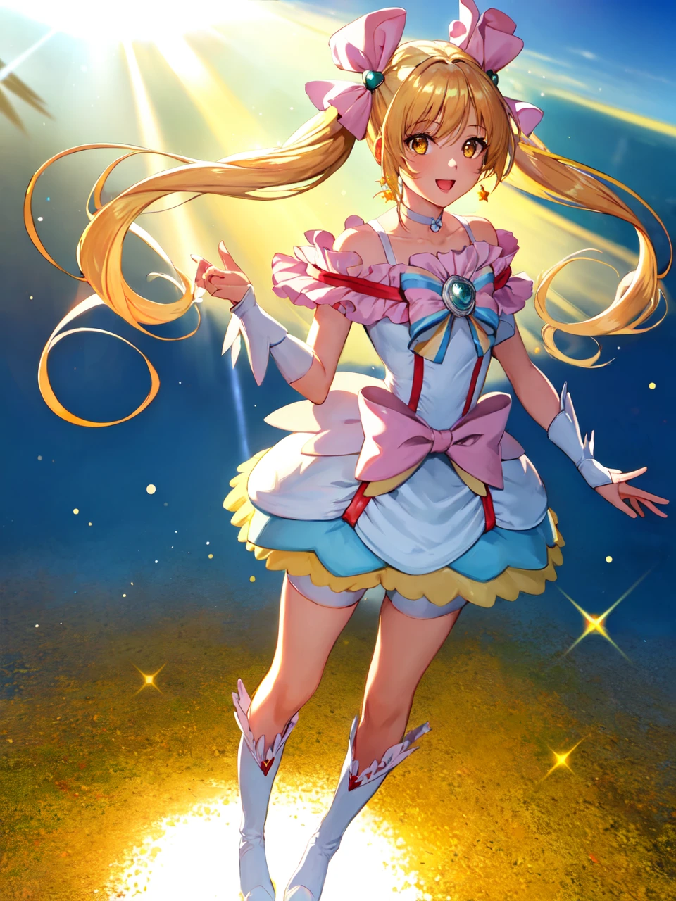 masterpiece, best quality, looking at viewer, depth of field, standing, open mouth, full body,
1girl, <lora:locon_cure_echo_01:0.9>, cure echo, blonde hair, twintails, hair ribbon, knee boots, earrings, arm warmers, brooch, choker, yellow eyes, shorts under skirt, white shorts,
smile, ((gradient background)), lens flare,