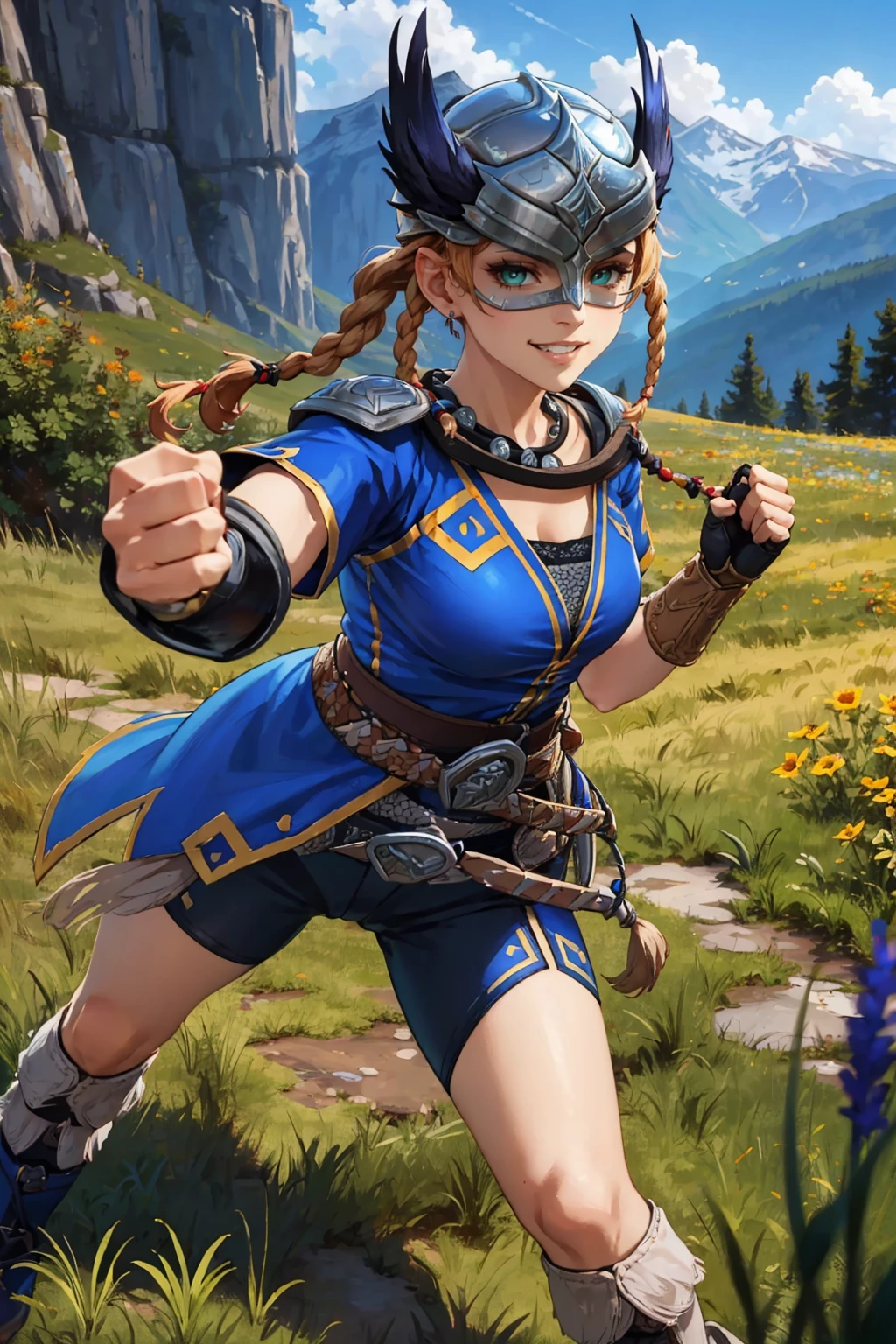 masterpiece, best quality,  <lora:yskarja-nvwls-v1-000009:0.9> ysKarja, green eyes, twin braids, helmet, feathers, necklace, shoulder armor, blue tunic, belt, black shorts, armored legwear, fingerless gloves, large breasts, covered eyes, grin, from above, fighting stance, alpine forest, field, sky, clouds, fists