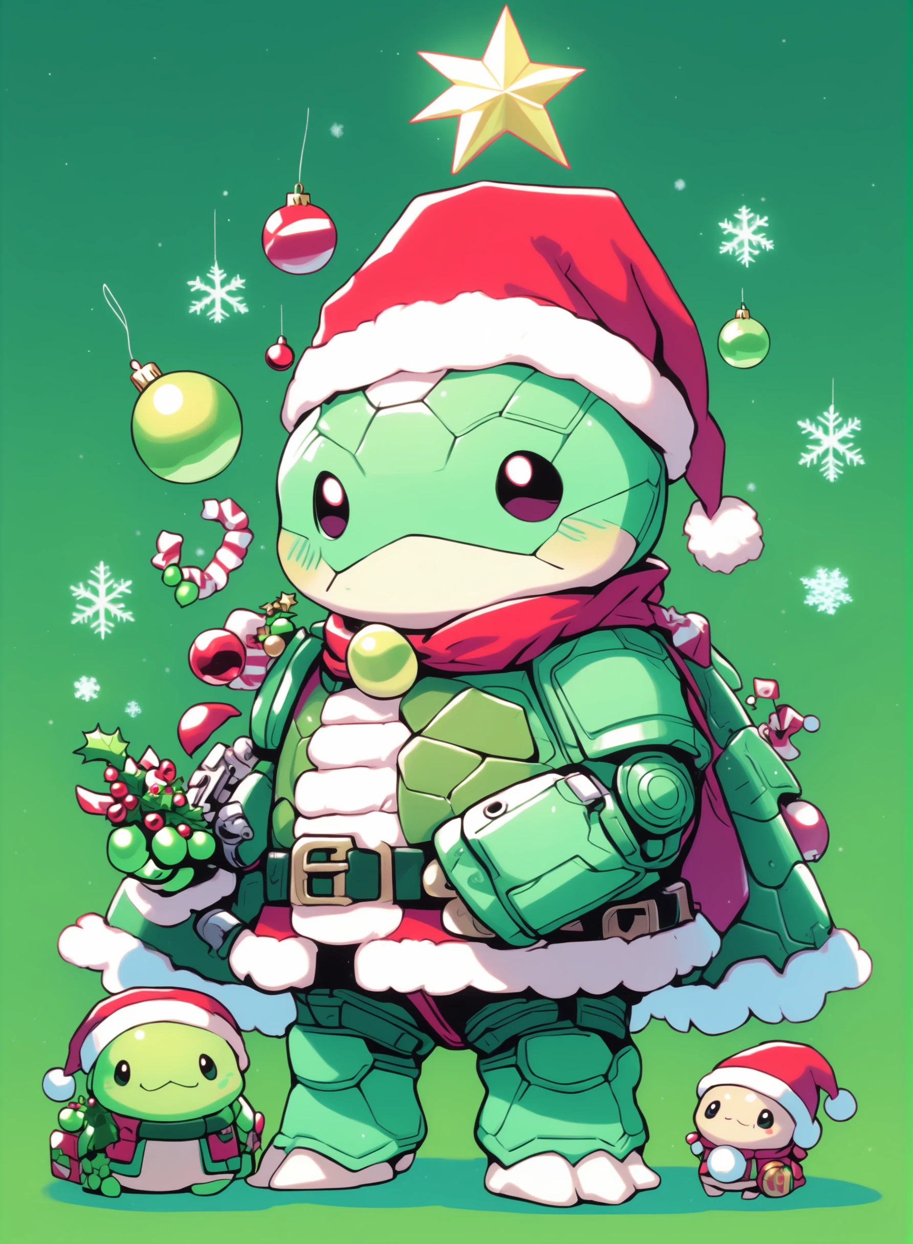 SantaTurtleOverlord, ((no humans)), Kawaii turtle wearing a santa outfit and christmas costume is standing beside some decorations, in the style of nightcore, xmas punk, brilliant vibrant green duotone themes, cyberpunk christmas theme , <lora:Earth_SantaTurtles-XL:1>
