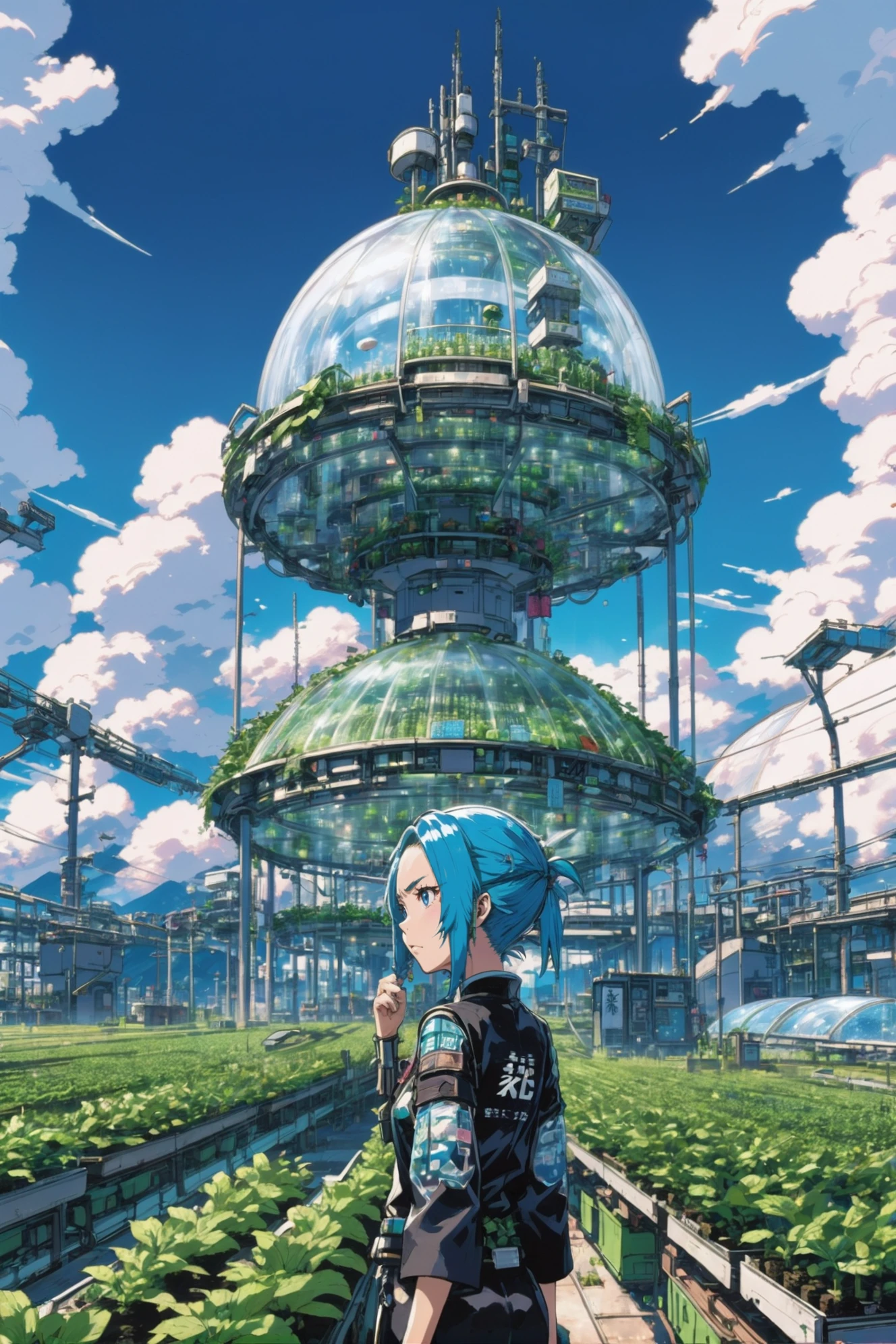 kyotopunk, zukuri, anime style, morning, blue sky, clouds, scenery, in a evocative Hydroponic Agriculture Domes<lora:EnvyKyotopunkXL01:1><lora:EnvyBetterHiresFixXL01:0:hr=1>