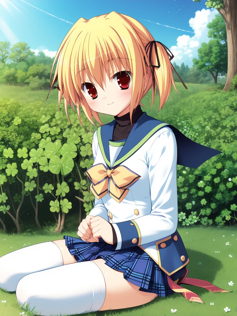 <lora:TakanashiYaya:1> TakanashiYaya, 1girl, clover, four-leaf clover, blonde hair, thighhighs, solo, school uniform, red eyes, white thighhighs, skirt, ribbon, twintails, sitting, plant, hair ribbon, smile, flower, short hair, blush, bow, zettai ryouiki
((((masterpiece)))), high quality, very_high_resolution, large_filesize, full color