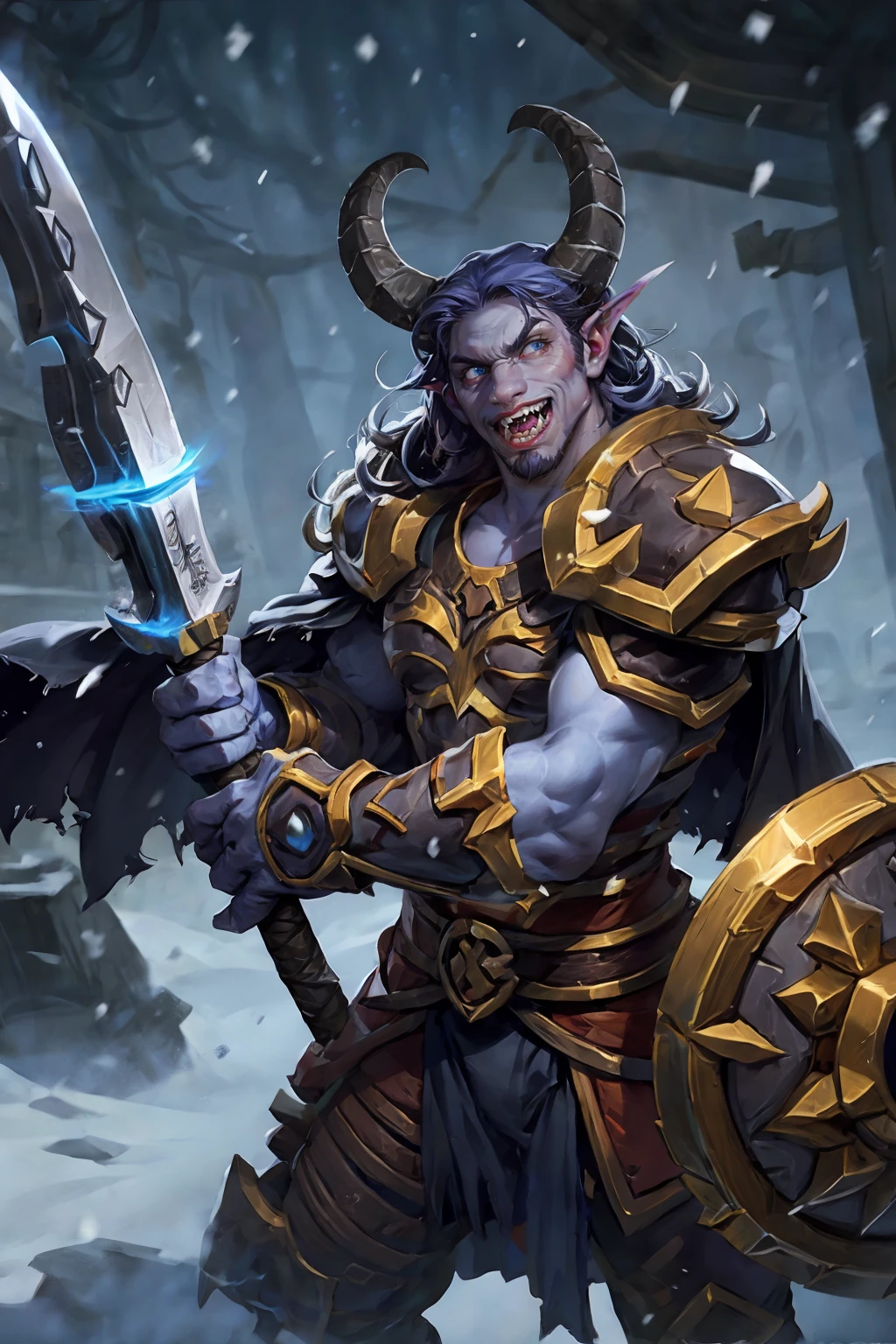 HEZI, Hearthstone, solo, 1boy, blue eyes, horns, glowing eyes, male focus, blue skin, teeth, weapon, glowing, armor, cape, colored skin, helmet, shield, axe, snow, snowing, hammer, holding, looking at viewer, furry, furry male, fur trim, fangs, breasts, staff, sharp teeth, artist name, muscular<lora:çç³ä¼ 说-000006:0.7>,