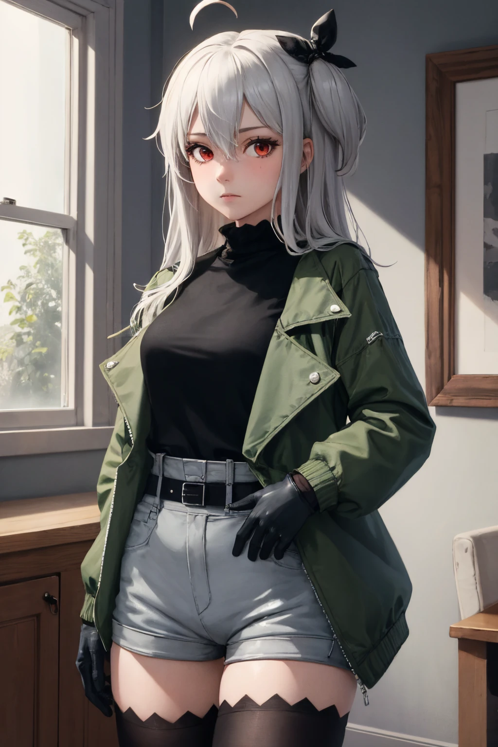 (masterpiece, best quality:1.2), solo, 1girl, skaditea, expressionless, looking at viewer, ahoge, open clothes, green jacket, long sleeves, black shirt, black gloves, shorts, thighhighs, belt, indoors <lora:arknights_skadi:1>