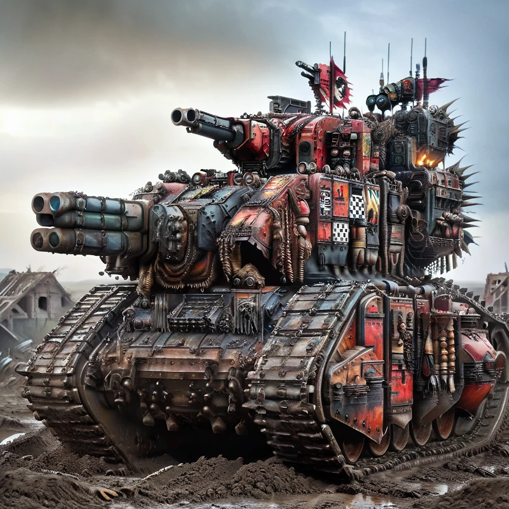 a picture of one t90 tank <lora:Tank_T90AM_XL_v2:1>, driving in mud, (((bright blood-red painted))), heavy armored and rich decorated, <lora:OrkStyleAIp:1.3> style, dark clouds in the sky, threatening atmosphere, sunset, perfect dramatic lighting, destroyed ruin and burning sci-fi city on background, cloudy rainy weather, <lora:Slider_Add_Details_XL:1>