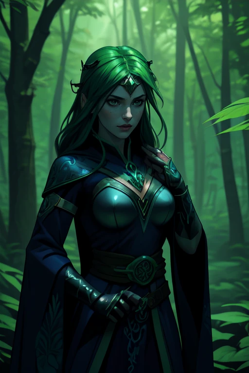 Female Mage wearing Dark Steel Gauntlets with Enchanted Runes and Cobalt Edges , Verdant Green Druid Robe with Leaf Patterns: Leaf patterns and nature-inspired designs adorn the robe, connecting the wearer to the earth, in the forest, upper body, impasto by Johan Grenier