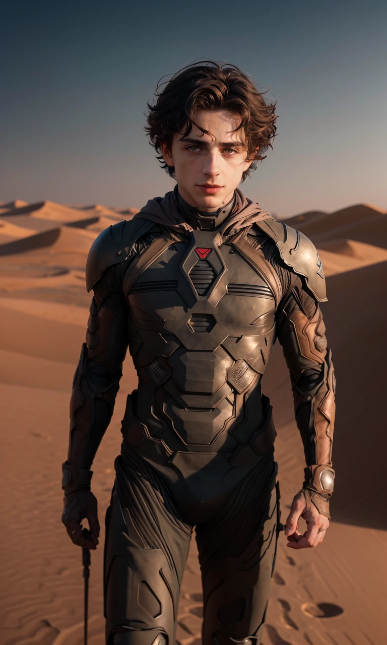 timochal2023, 1boy, Stillsuit, dune, desert, uhd, best quality, masterpiece, trending on arstation, rtx on, reflections, dramatic lighting, cinematic lighting, depth of field,