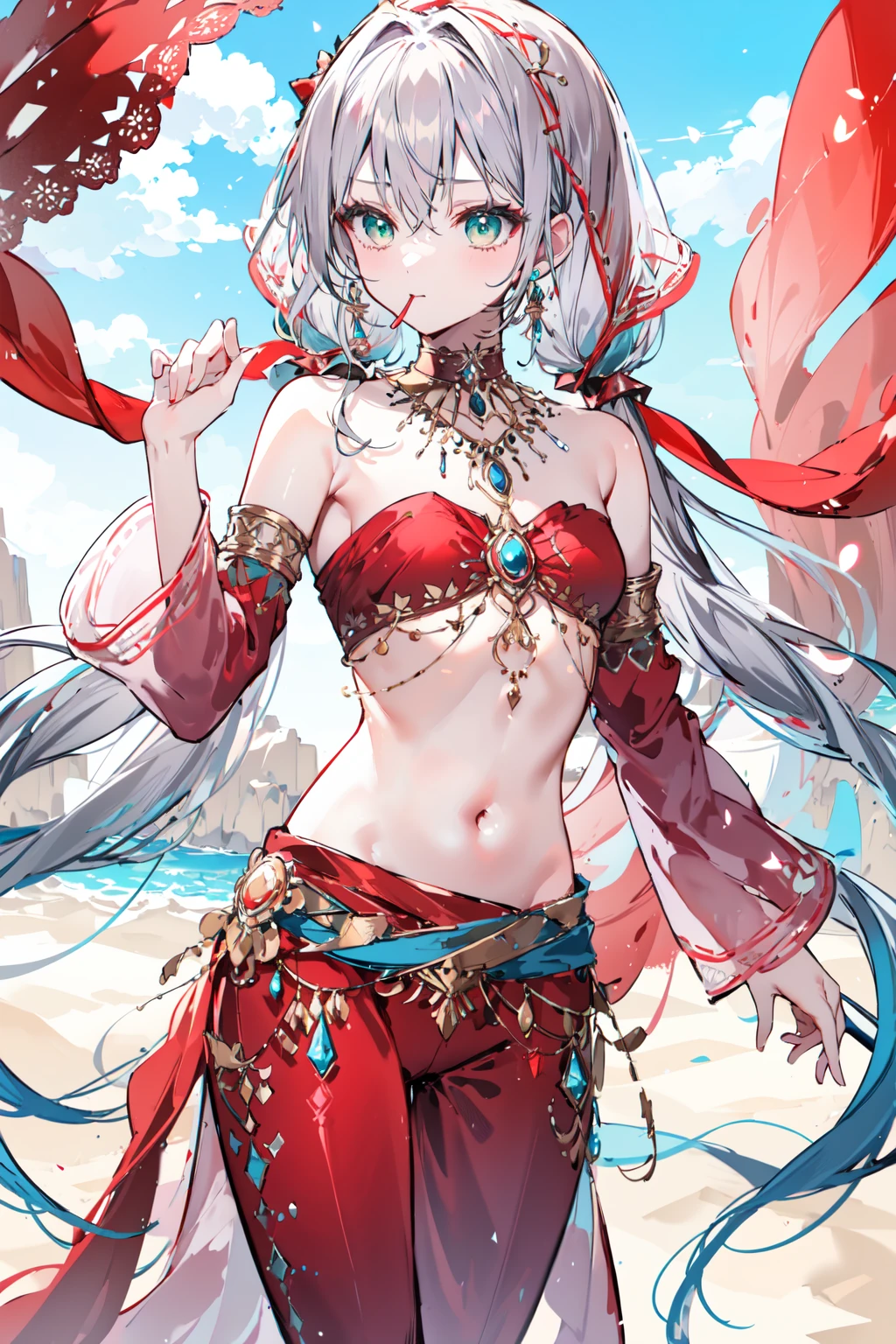 (masterpiece:1.2),best quality,PIXIV,
dance dive, solo, green eyes, jewelry, detached sleeves, pants, 1girl, dancer, earrings, see-through, long hair, veil, arabian clothes, harem outfit, arm up, bare shoulders, harem pants, twintails, shawl, navel, gem, closed mouth, bangs, necklace, grey hair, standing, hair between eyes, bandeau, neck ring, cowboy shot, sky, mouth veil, choker, small breasts, very long hair, o-ring, breasts, desert, looking away, crossdressing, red pants, low twintails
<lora:dancing diva-000018:0.8>,