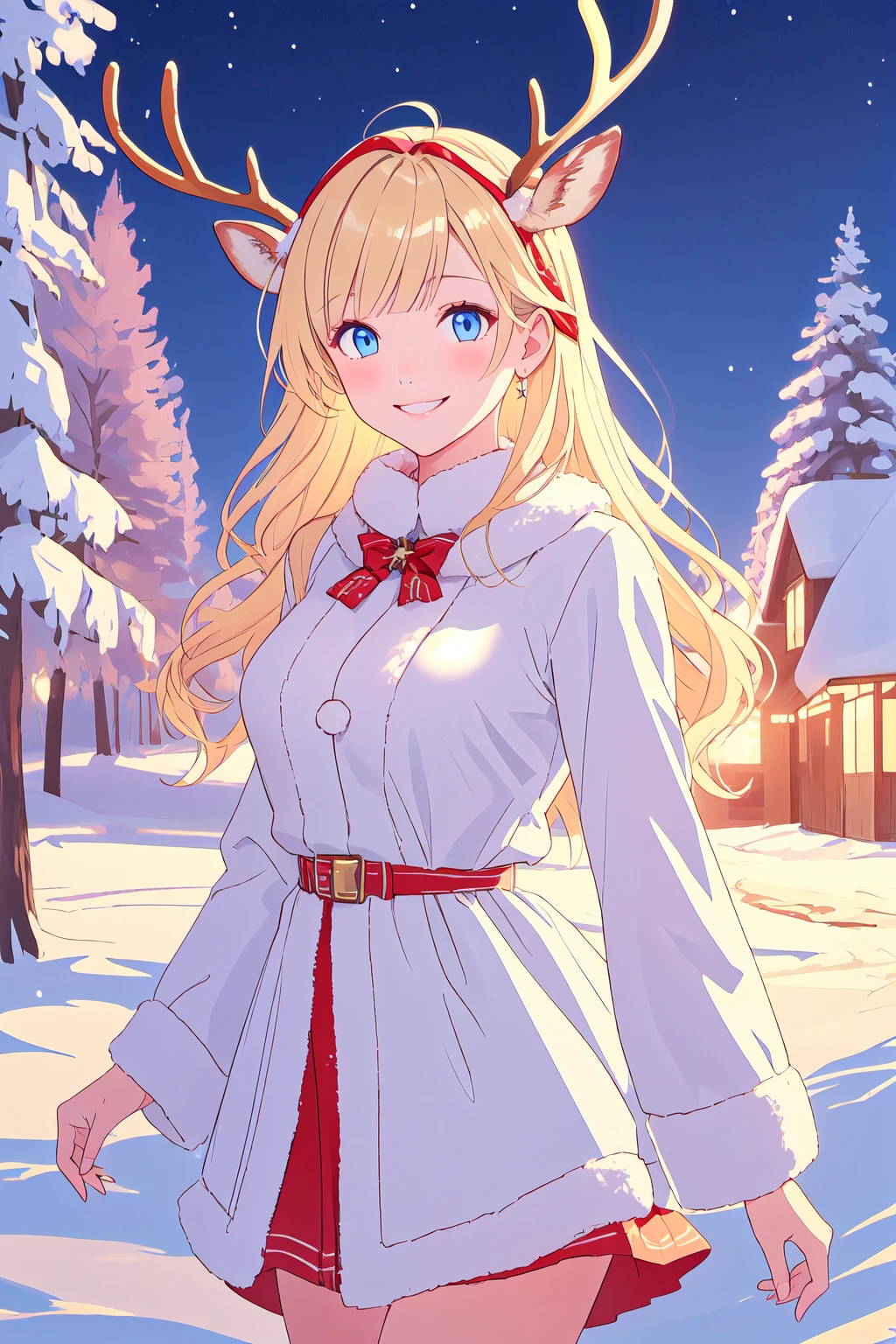 <lora:SantasReindeerGirl-step00001700:1>, rgv1, reindeer antlers, fake antlers, deer ears, 1girl, smile, cowboy shot, volumetric lighting, blue eyes, blonde hair, blunt bangs