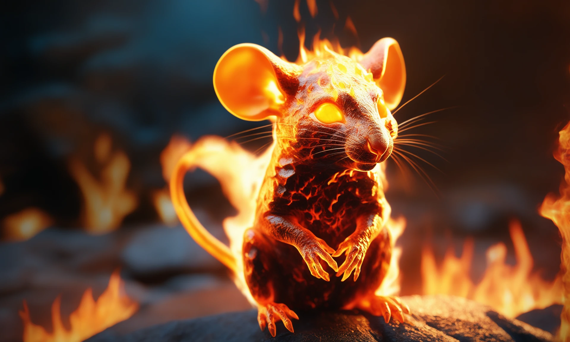 <lora:firecd_xl-000017:0.6>,a transparent fire elemental rat made of (firecd_xl,raging flames:1.2,burning) in hell,fire eyes,fire hairs,fire body,splash fire,no humans,long-focus,tilt-shift,outdoors,on molten rock,full body,chinese zodiac,cutie,cute,still life,front view,facing viewer,looking at viewer,ethereal fantasy concept art,magnificent,epic,majestic,magical, emotional,harmonious,high budget,moody,epic,gorgeous,perfect lighting,realistic,photorealistic,photographic,photo (medium),real,moody lighting,volumetric lighting,reality ray tracing,8K,HDR,UHD,masterpiece,best quality,highly detailed,high resolution,finely detail,extremely detailed,ultra detailed,wallpaper