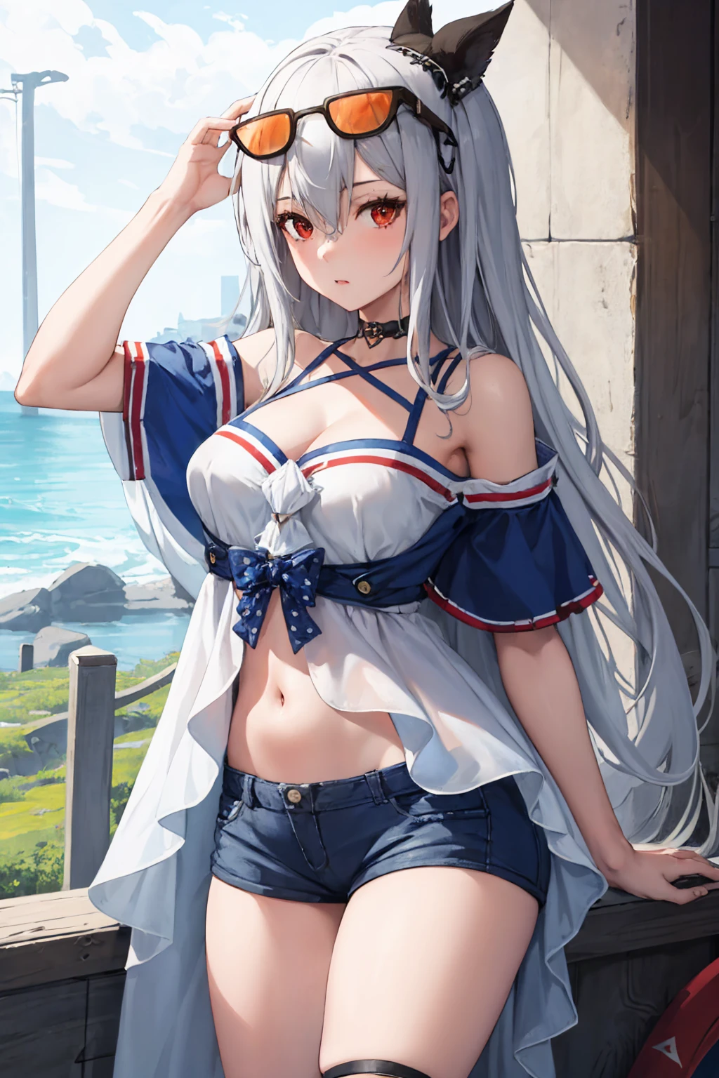 (masterpiece, best quality:1.2), solo, 1girl, skadiwave, sunglasses, eyewear on head, white shirt, off shoulder, short sleeves, blue shorts, short shorts, thigh strap, choker, bare shoulders, navel, cleavage <lora:arknights_skadi:1>