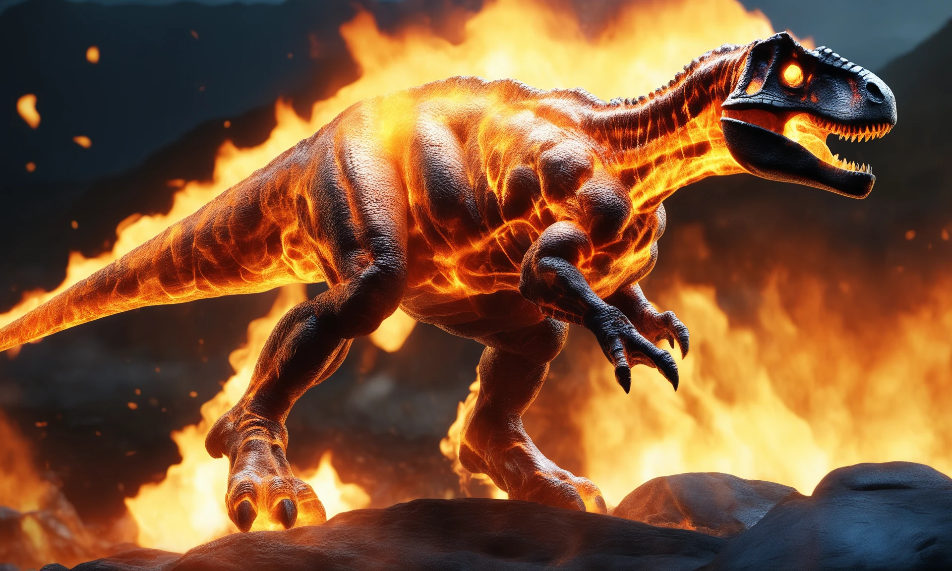 <lora:firecd_xl-000017:0.6>,a transparent fire elemental tyrannosaurus made of (firecd_xl,raging flames:1.2,burning) in hell,fire eyes,fire hairs,fire body,splash fire,no humans,long-focus,tilt-shift,outdoors,on molten rock,full body,chinese zodiac,cutie,cute,still life,front view,facing viewer,looking at viewer,ethereal fantasy concept art,magnificent,epic,majestic,magical, emotional,harmonious,high budget,moody,epic,gorgeous,perfect lighting,realistic,photorealistic,photographic,photo (medium),real,moody lighting,volumetric lighting,reality ray tracing,8K,HDR,UHD,masterpiece,best quality,highly detailed,high resolution,finely detail,extremely detailed,ultra detailed,wallpaper