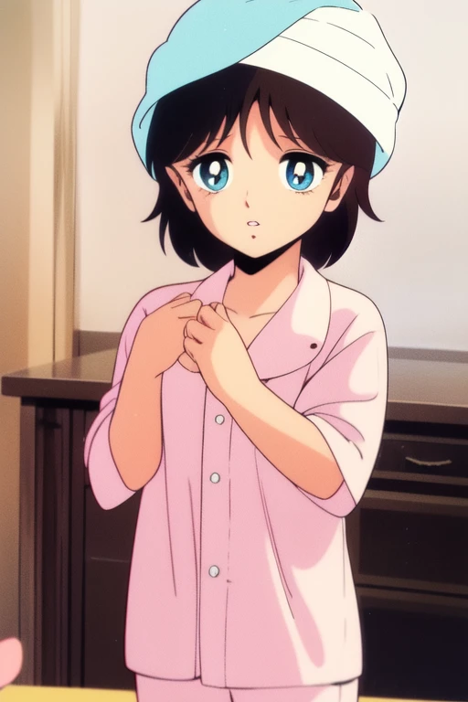 <lora:NonomuraAmi_BeMybaby:1> NonomuraAmi, brown_hair,  blue_eyes,  bangs, black_hair,
1girl, solo, towel on head, retro artstyle, parted lips, short hair, upper body, towel, pajamas, 1990s (style), 1980s (style), 11 years old, child, teenager,