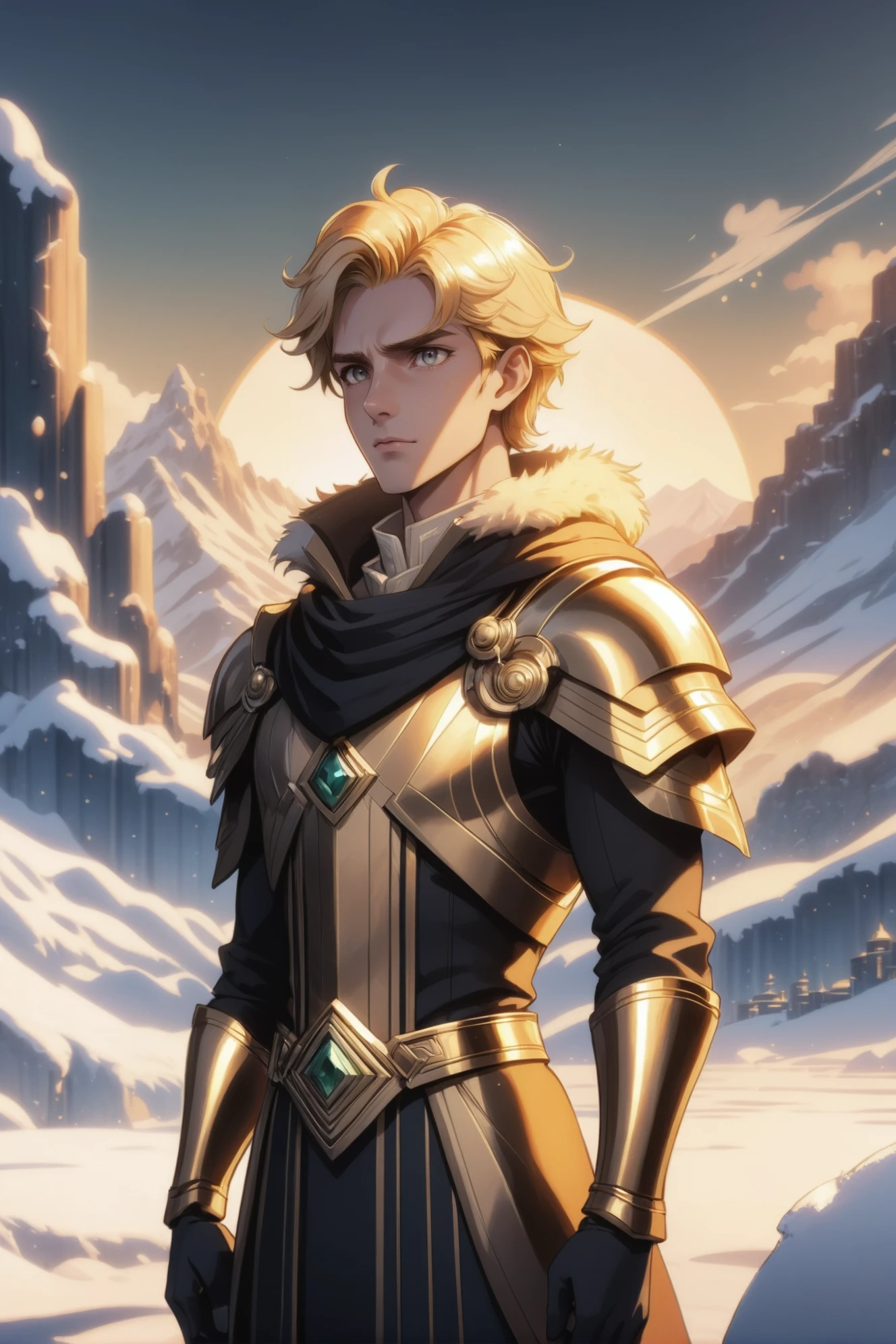 fantasy art deco, cinematic color grading, anime style, <lora:EnvySendNoodzXL01:0>1boy, man, ruggedly handsome, golden hour, scenery, in a Carbon Dioxide Snowfields<lora:EnvyFantasyArtDecoXL01:0.75>