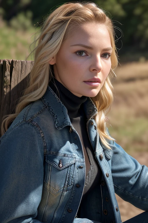 (RAW, analogue, Nikon Z 14mm ultra-wide angle lens, award-winning glamour photograph, ((best quality)), ((masterpiece)), ((realistic)), skin pores, subsurface scattering, radiant light rays, high-res, detailed facial features, high detail, sharp focus, smooth, aesthetic, extremely detailed, (extremely detailed eyes, extremely detailed iris), extremely detailed hair, extremely detailed skin, extremely detailed clothes, octane render, photorealistic, realistic, post-processing, max detail, realistic shadows, roughness, natural skin texture, real life, ultra-realistic, photorealism, photography, 8k UHD, photography, hdr, intricate, elegant, highly detailed, sharp focus, stunning, beautiful, gorgeous), (photorealistic), (realistic), k4th3rineh3ig1, full body, blonde hair, brown eyes, (denim jacket:1.3), (black turtleneck sweater:1.1), jeans, lips, outdoors, on a ranch, leaning on a wooden post, looking at viewer, upper body, morning, bright, <lora:Katherine_Heigl_PMv1_Lora:1.3>,