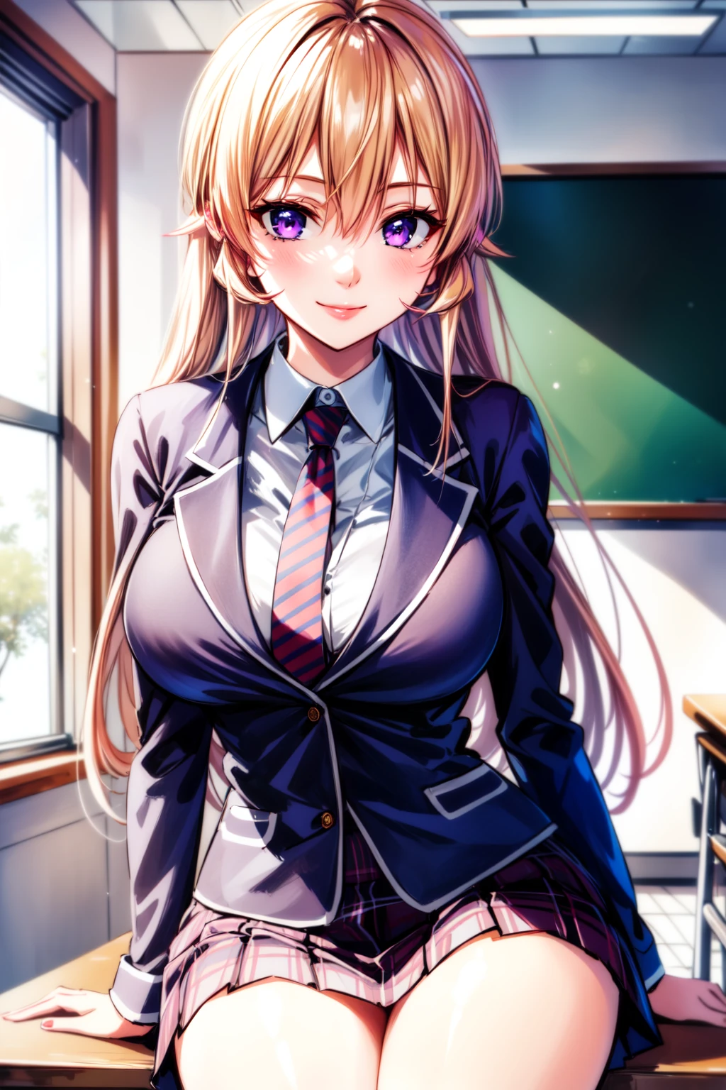(best quality:1.2), 1girl, (masterpiece:1.2), raytracing, cute face, perfect face, ultra detailed,detailed face, 8k wallpaper, wide hips, <lora:more_details:0.5>, ErinaNakiri_NDV, 1girl, purple eyes, blonde hair, long hair, large breasts, hair between eyes, skirt, jacket, tie, shirt, school uniform, <lora:ErinaNakiri_NDV:0.7>, smile, sitting, indoor, classroom