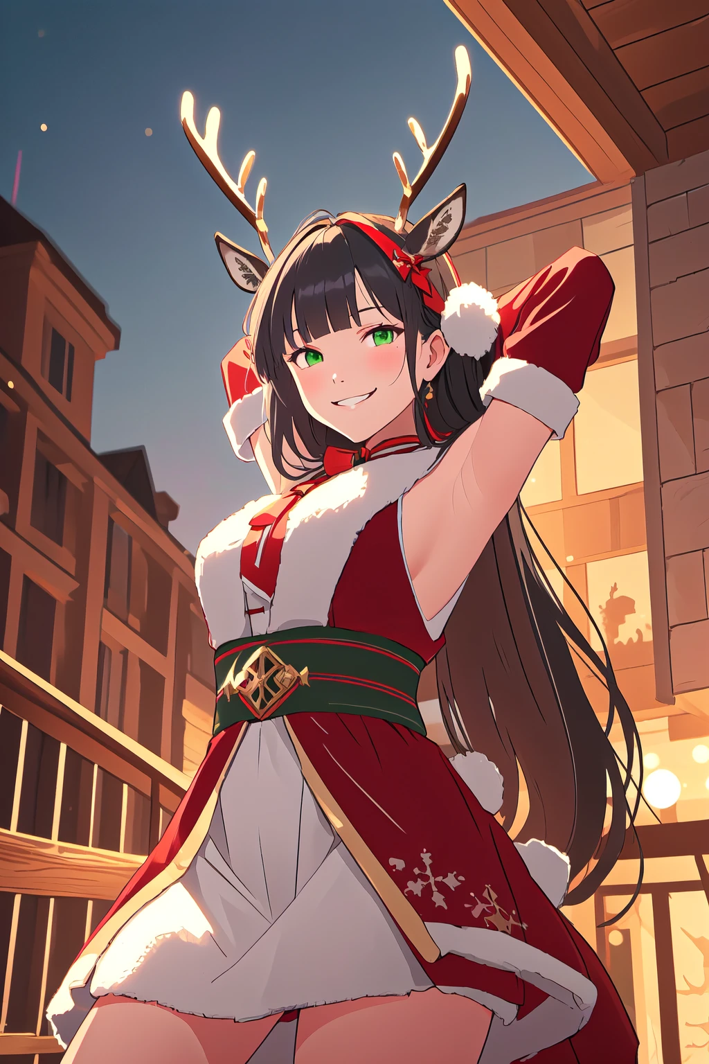 <lora:SantasReindeerGirl-step00001700:1>, rgv1, reindeer antlers, fake antlers, deer ears, 1girl, smile, cowboy shot, volumetric lighting, arms behind head, from below, smug, smirk, green eyes, black hair, blunt bangs