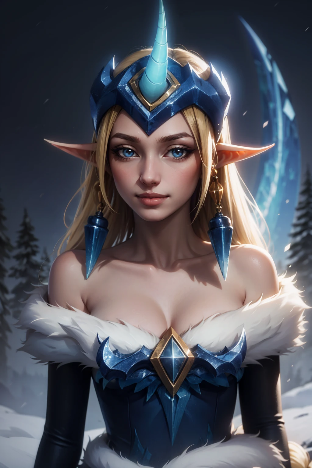 (masterpiece, best quality:1.2), intricate details, <lora:GoodHands-beta2:1>, <lora:lol_winter_wonder_soraka-000014:1>, winter wonder soraka, 1girl, single horn, fur-trimmed dress, bare shoulders, earrings, blonde hair, pointy ears, smile