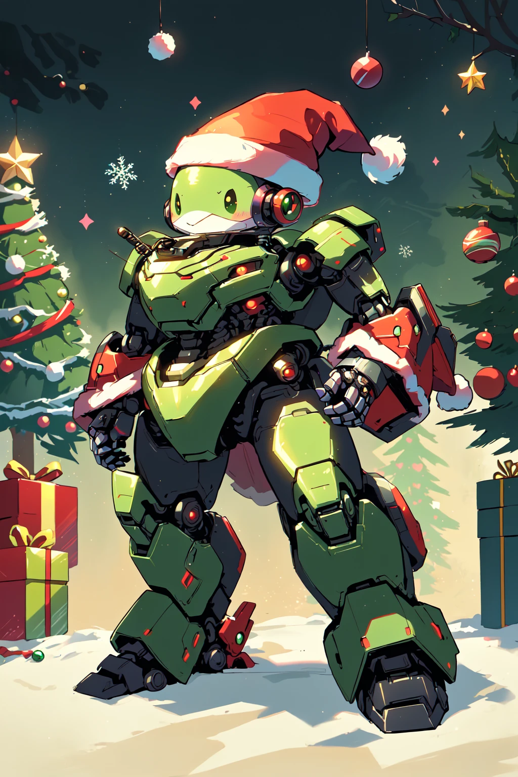 SantaTurtleOverlord, kawaii, ((no humans)), Cute turtle overlord AI robot, santa, red santa outfit, santa hat, christmas, santa clothes, christmas decorations, tree, sentient AI robot, sentient robot tree, green and red themes, super kawaii, created by artificial intelligence and love and adoration for the christmas spirit, the turtles name is maycein, 4 point perspective, dutch angle, masterpiece, official art, traditional art, <lora:SantaTurtles:0.8>