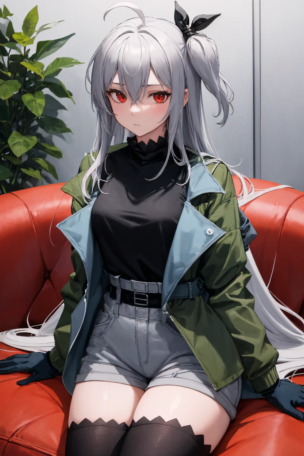 (masterpiece, best quality:1.2), solo, 1girl, skaditea, expressionless, looking at viewer, sitting, couch, ahoge, open clothes, green jacket, long sleeves, black shirt, black gloves, shorts, thighhighs, belt, indoors <lora:arknights_skadi:1>