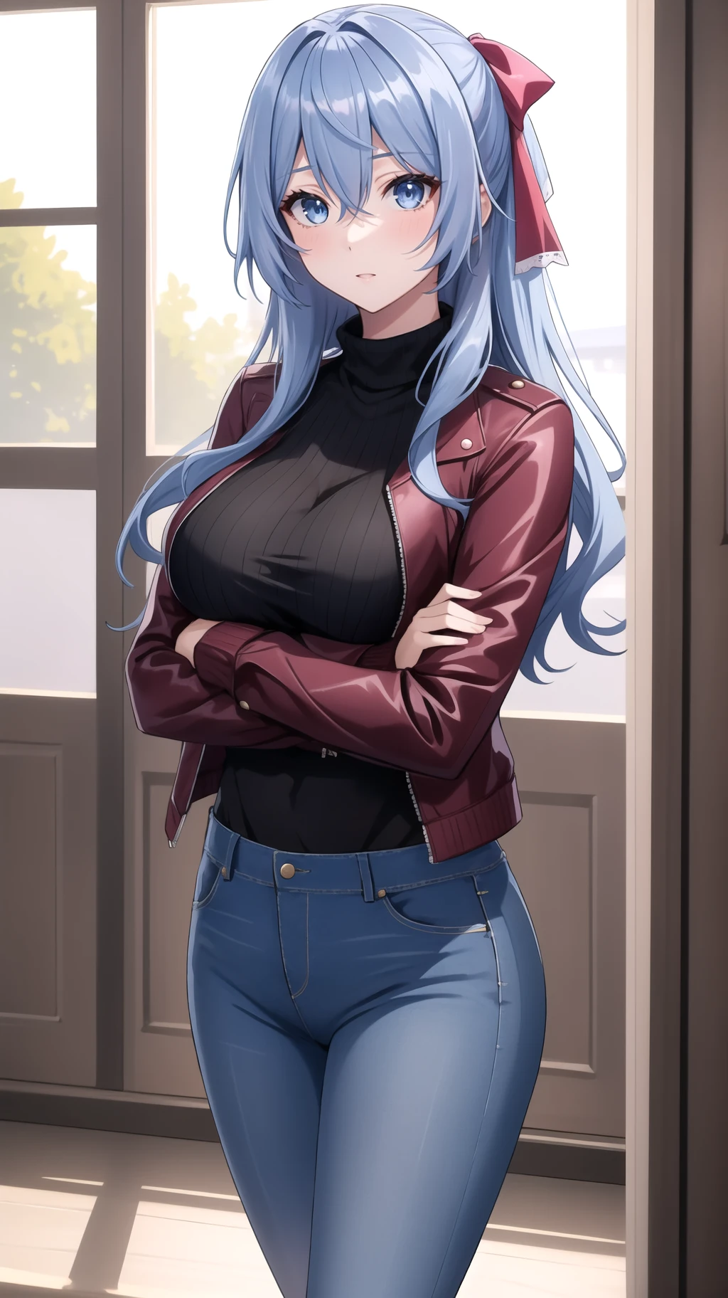 masterpiece, best quality, 1girl, liselottecretia, long hair, blue hair, blue eyes, bangs, hair between eyes, hair ribbon, large breasts, cropped jacket, jeans, crossed arms,  <lora:LiselotteCretiav1:0.8>