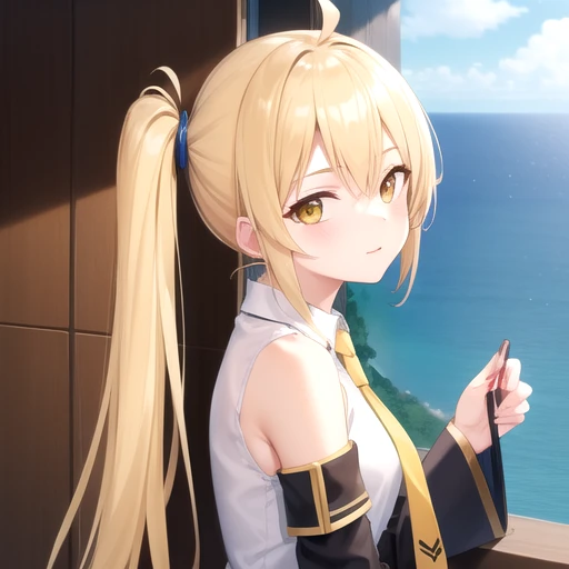 ((masterpiece)),(best quality),official art,extremely detailed CG,unity 8k wallpaper,ultra detailed,A lighthouse on a cliff by the sea,1girl,solo,upper body,(portrait:1.2),akita neru,very long hair,white shirt,yellow necktie,blonde hair,detached sleeves,side ponytail,yellow eyes,black skirt,pleated skirt,sleeveless shirt,zettai ryouiki,thigh boots,black thighhighs,looking at viewer,<lora:Akita Neru(vocal)>,