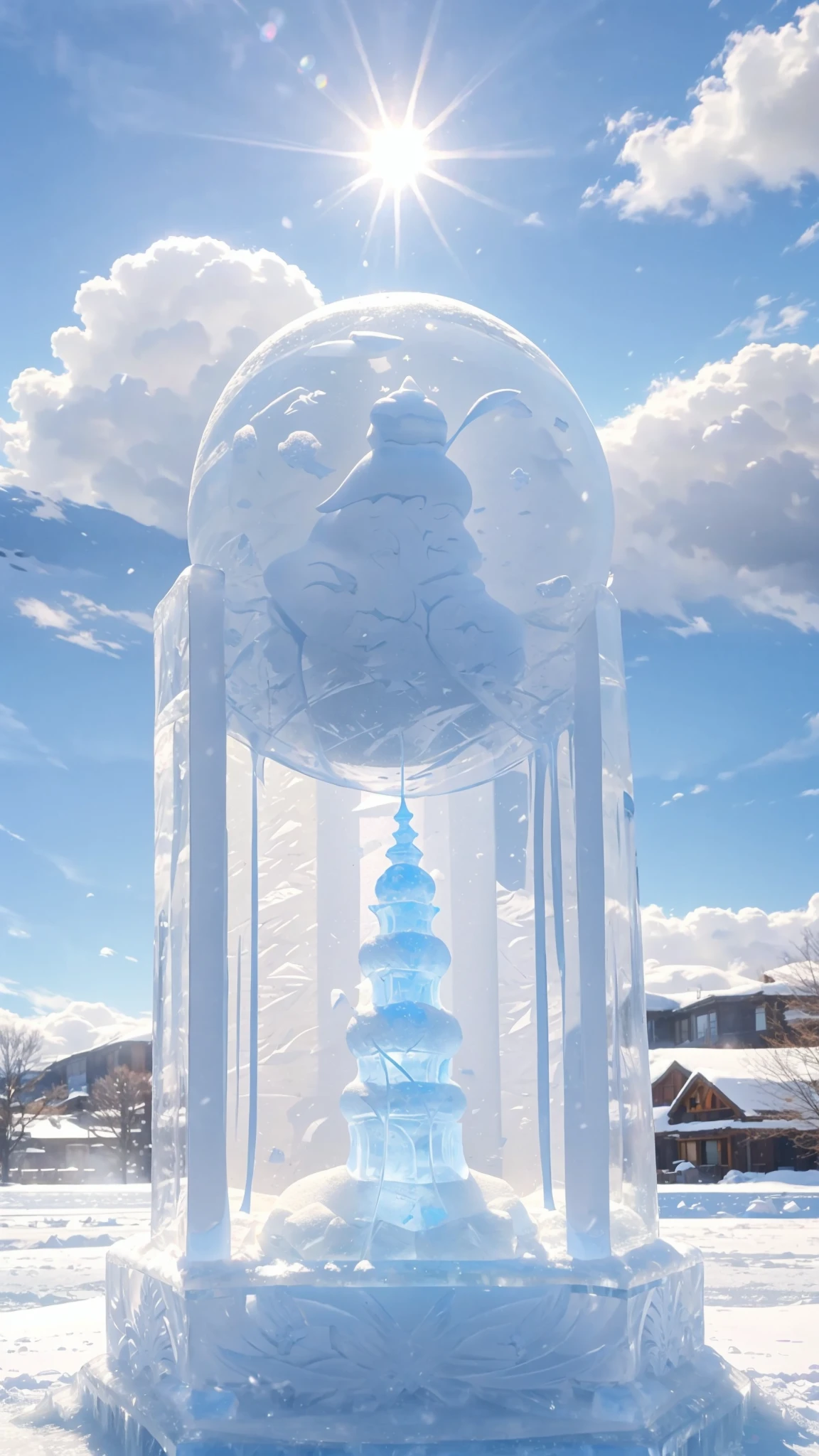 Fantastic,Winter scene, heavy snow, (ice sculpture), snow-white snow, outdoors, sky, cold, white clouds, nature, sunshine,