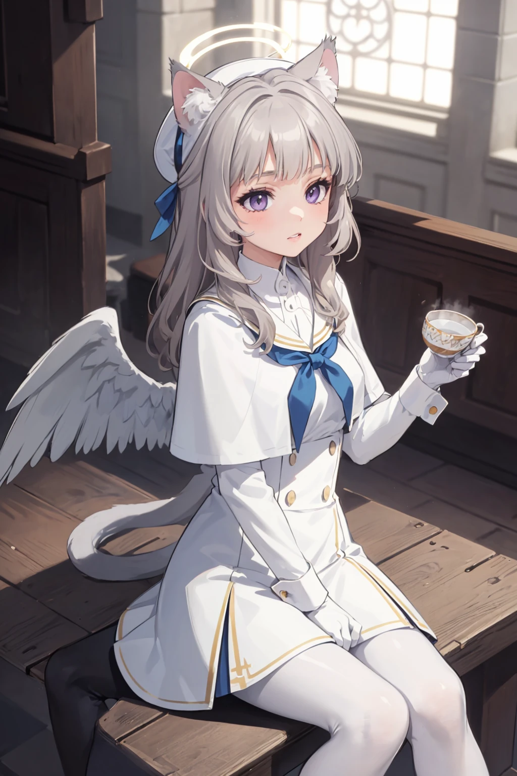 masterpiece, best quality, highly detailed, 1girl, <lora:BlueArchive_Trinity_Mob_v1-000195:0.4>, sitting on wooden chair, (holding tea cup:1.3), from above, (church, indoors:1.5), white gloves, long sleeves, white sleeves, (white dress, white capelet, white pantyhose:1.3), white wings, (white sailor collar:1.1), (blue cuffs:1.5), black loafers, (black neckerchief:1.2), (white beret:1.1), halo, (low wings, white angel wings:1.2), sitting on wooden bench, <lora:Genshin_Little_Lynette_v3:0.3>, (cat ears, cat tail:1.2), purple eyes, white hair, long hair, cat tail, (white pantyhose:1.2),