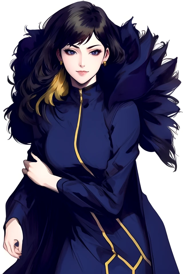 <lora:Binah2:1>, <lora:Artgerm:1>
arbiter, 1girl, solo, mole under eye, mole, black hair, earrings, jewelry, long hair, smile, dress, looking at viewer, white background, multicolored hair, breasts, black eyes, blonde hair, black dress, simple background, long sleeves, bangs, large breasts, fur trim, parted lips, cowboy shot, two-tone hair, grin