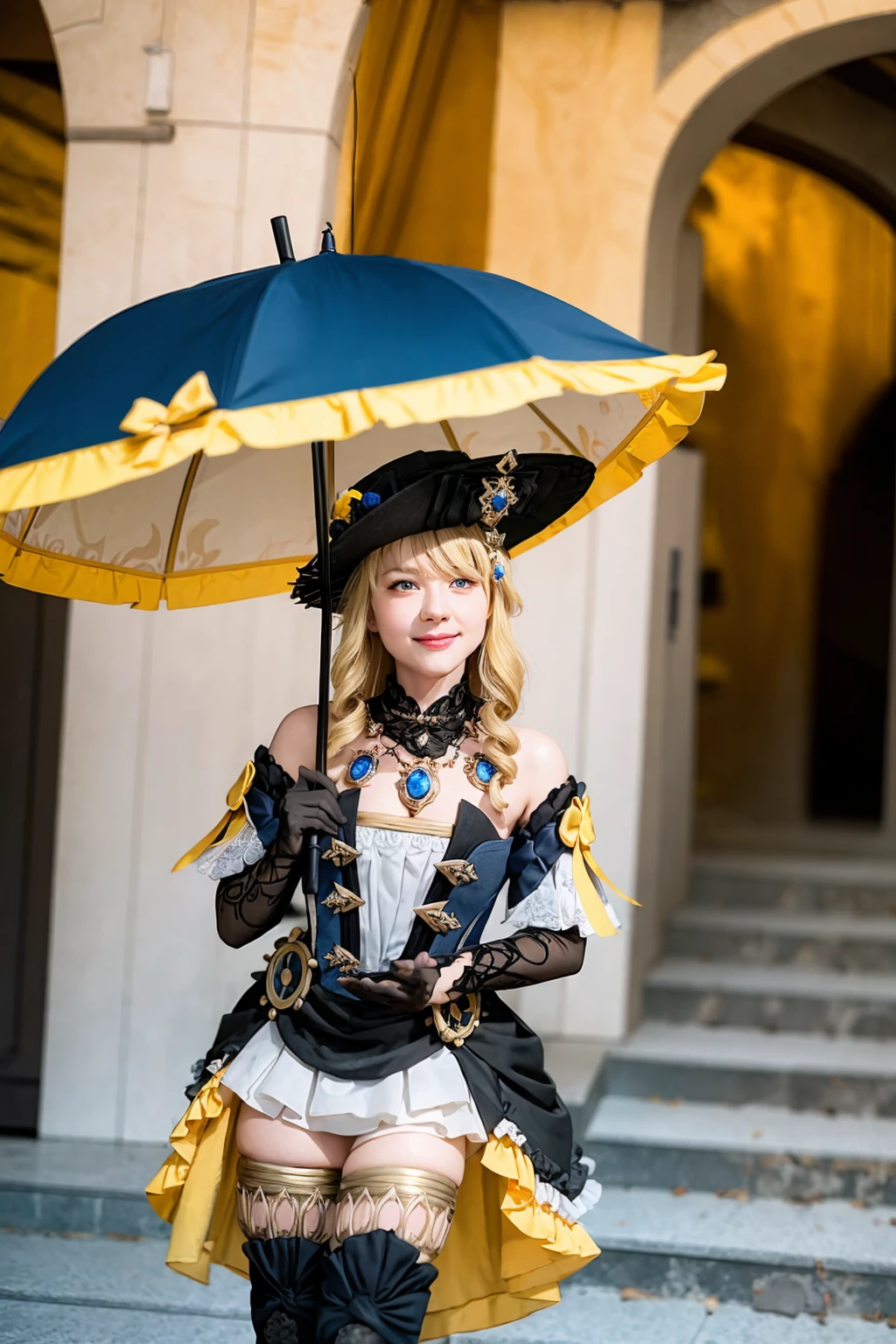 masterpiece, best quality,8K,realistic, High definition, photography, depth of field,HDR, highres,(photoshop \(medium\):1.4) ,
<lora:navia:1>,1girl, umbrella, blonde hair, solo, hat, blue eyes, long hair, gloves, drill hair, dress, thighhighs, holding, holding umbrella, looking at viewer, bird, smile, black gloves, black headwear, thigh boots, outdoors, stairs, bangs, elbow gloves, closed mouth, bare shoulders, parasol, boots, jewelry, flower, twin drills, cowboy shot