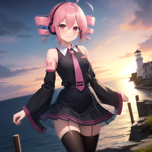 ((masterpiece)),(best quality),official art,extremely detailed CG,unity 8k wallpaper,ultra detailed,A lighthouse on a cliff by the sea,1girl,solo,cowboy shot,vocaloid,kasane teto,blush,fringe,short hair,collared shirt,detached sleeves,pink necktie,smile,hair between eyes,twintails,bare shoulders,pink hair,ahoge,pleated skirt,pink eyes,tattoo,drill hair,black thighhighs,miniskirt,headset,looking at viewer,<lora:Kasane Teto(vocal)>,