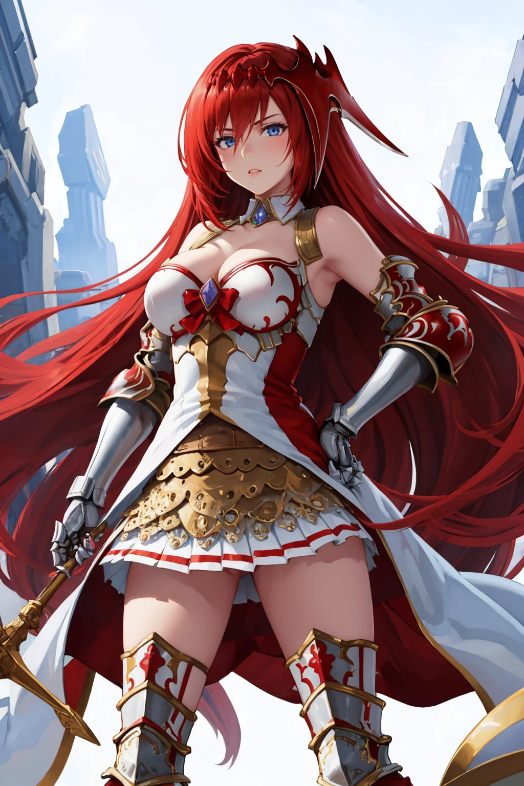 masterpiece, best quality, <lora:gbf_godswornalexiel:1> alexieldef, armor, gauntlets, skirt, thighhighs, boots, bare shoulders, cleavage, large breasts, standing, hand to hip