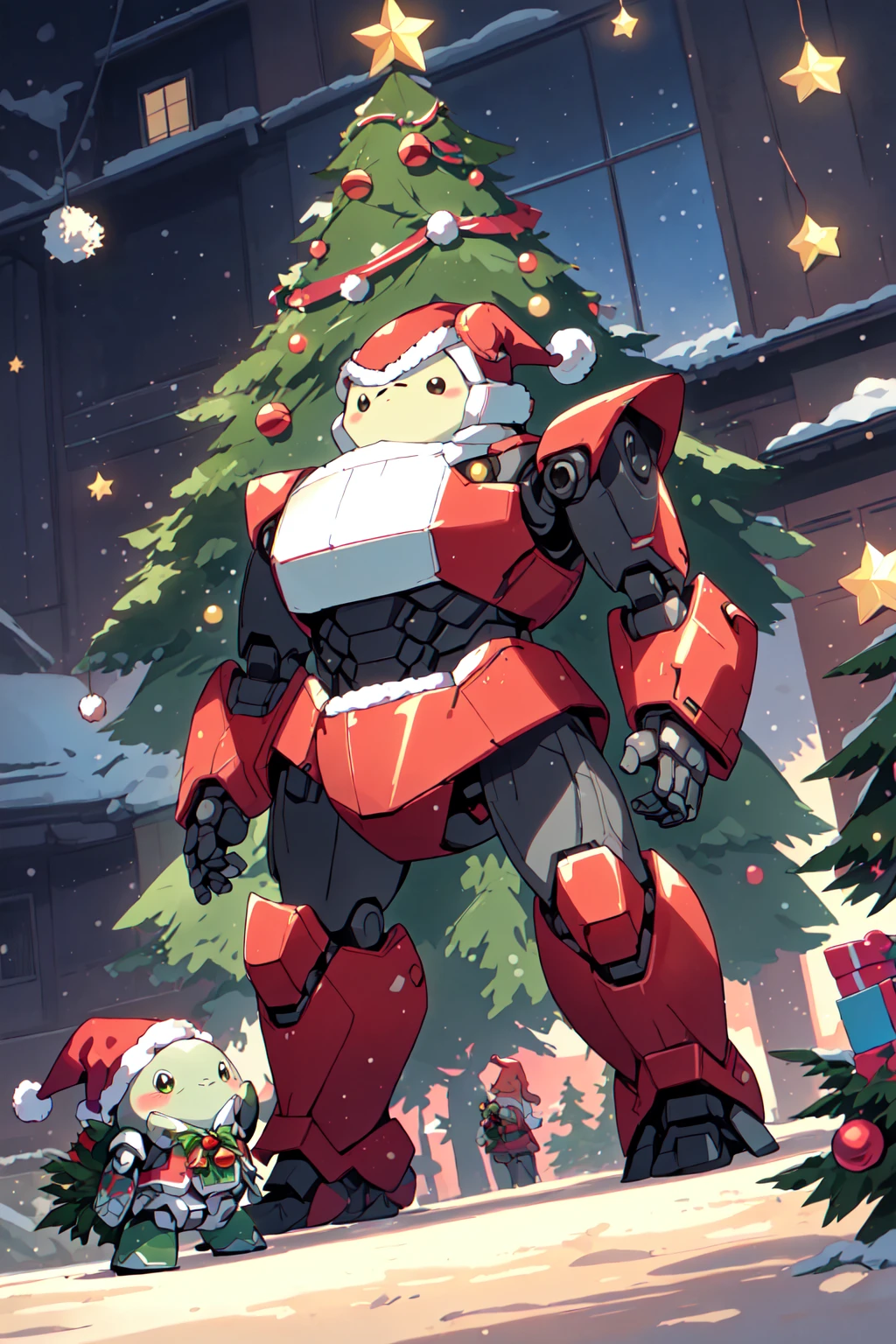 SantaTurtleOverlord, kawaii, ((no humans)), turtle, Cute turtle overlord AI robot, santa, red santa outfit, santa hat, christmas, santa clothes, christmas decorations, tree, sentient AI robot, sentient robot tree, super kawaii, created by artificial intelligence and love and adoration for the christmas spirit, the turtles name is maycein, 4 point perspective, dutch angle, masterpiece, official art, traditional art, <lora:SantaTurtles:0.8>