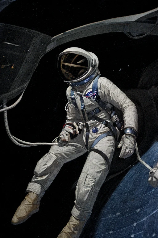 G4C, Gemini G4C suit, white, NASA-developed, full-pressure, 1960's IVA suit. Design influenced by David & Clark Co's architecture. Slim-fit, contoured silhouette. Chest-mounted control module, integrated life support systems. Silver thermal insulation layers. Dark blue collar, cuffs, utility pockets. Streamlined helmet, clear visor. Suited figure in space-related setting, spacecraft interior, or spacewalk, Gold_Visor_Down <lora:Gemini_Suit:1> <lora:EasyNegativeV2:1>